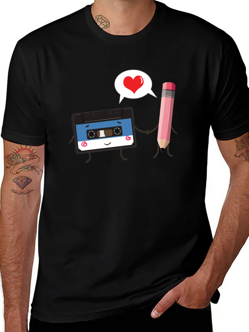 Retro Cassette & Pencil Love Graphic Black T-Shirt