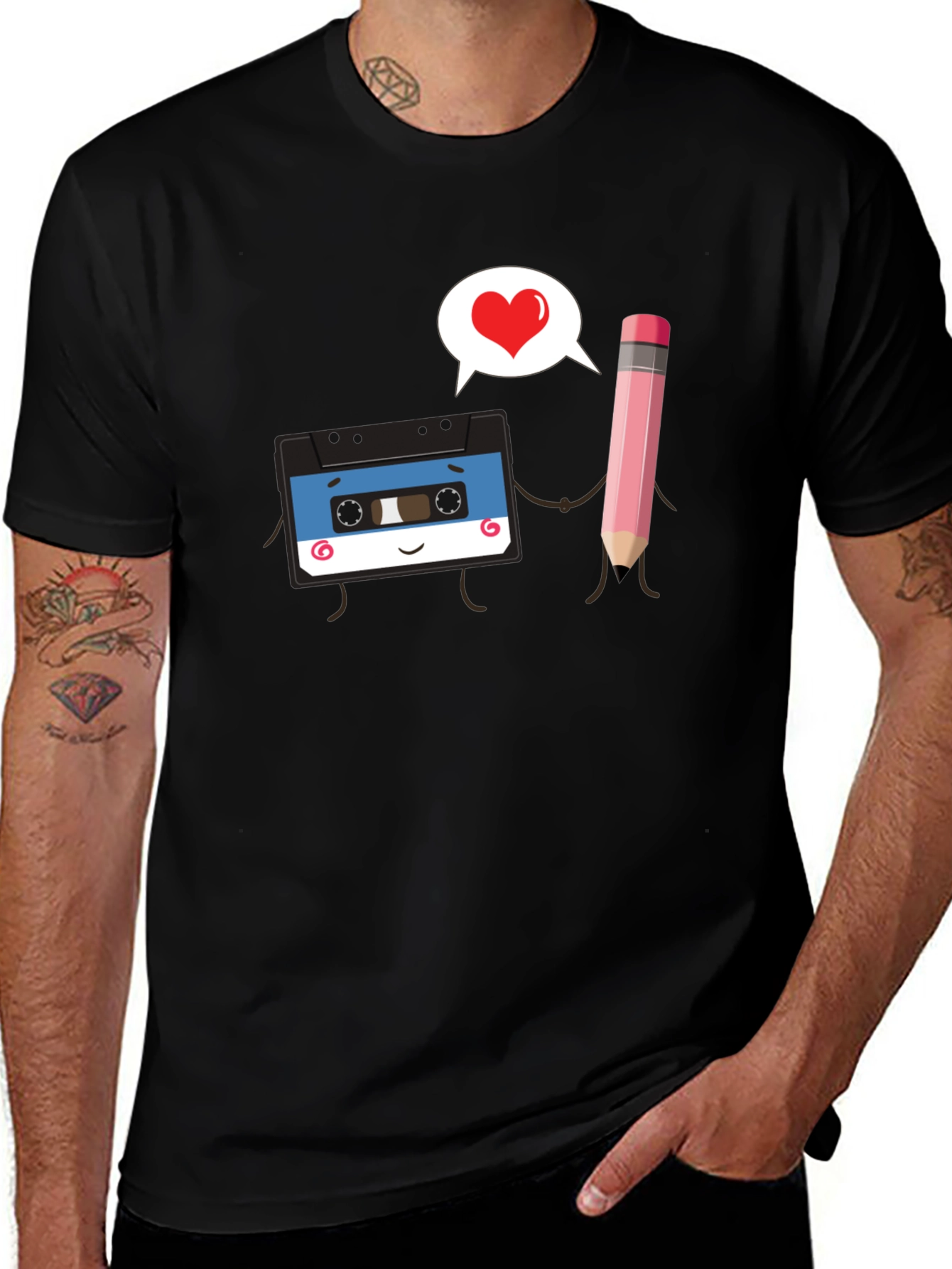 Retro Cassette & Pencil Love Graphic Black T-Shirt