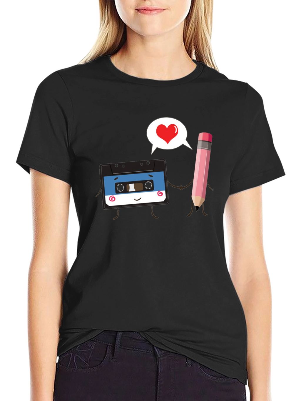 Retro Cassette & Pencil Love Graphic Black T-Shirt