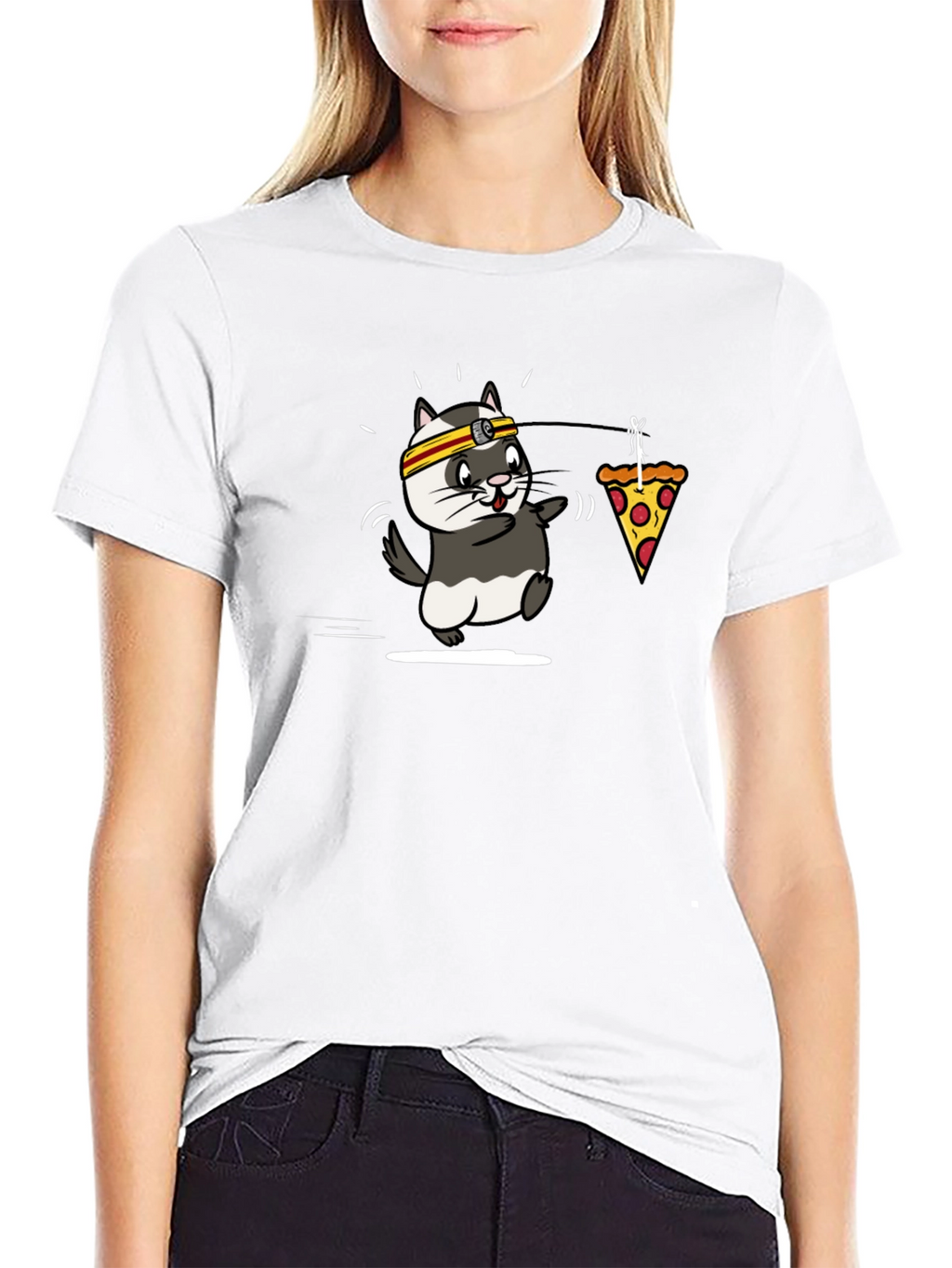 Cartoon Ferret Pizza Lover Black T-Shirt