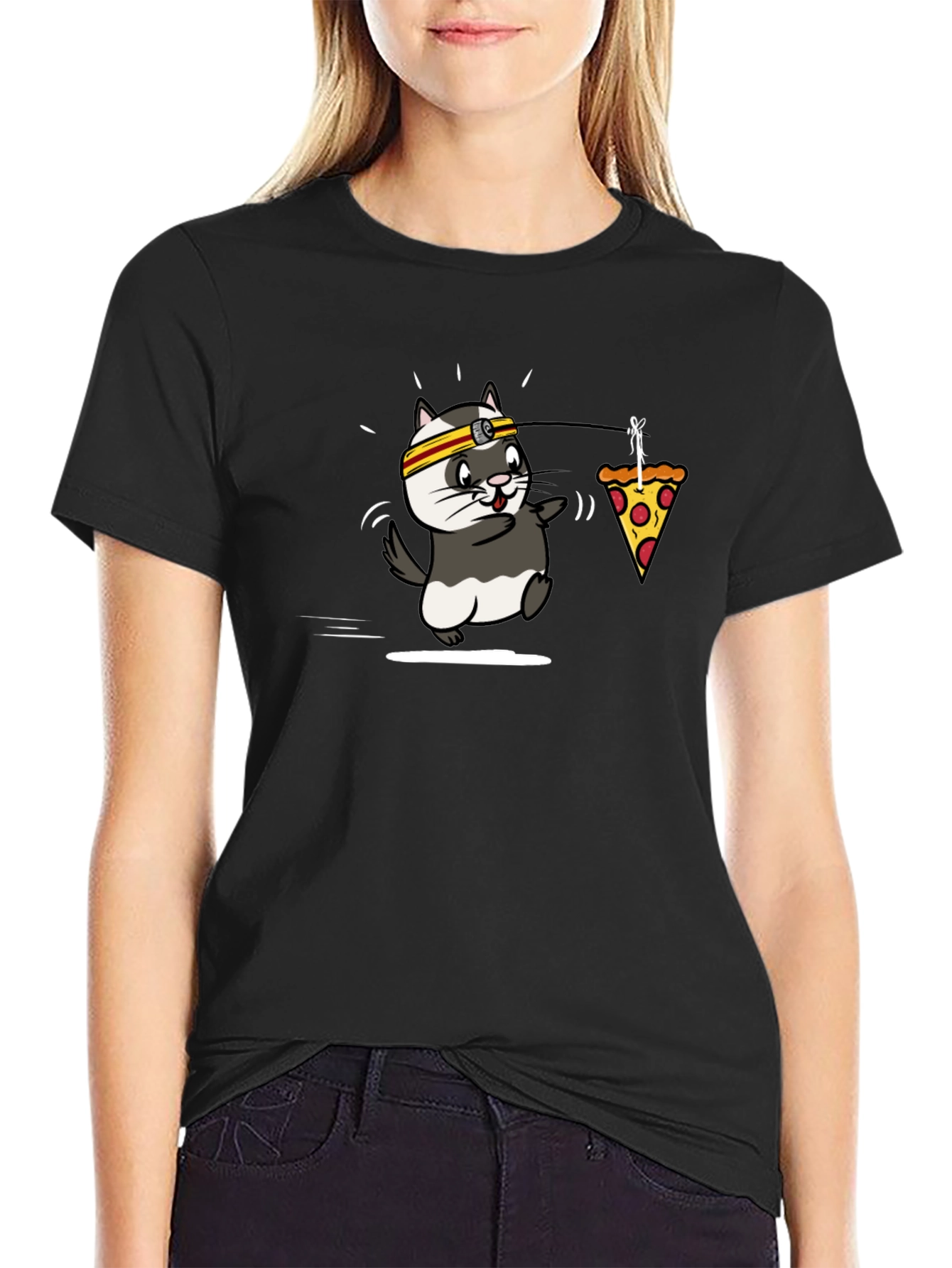 Cartoon Ferret Pizza Lover Black T-Shirt