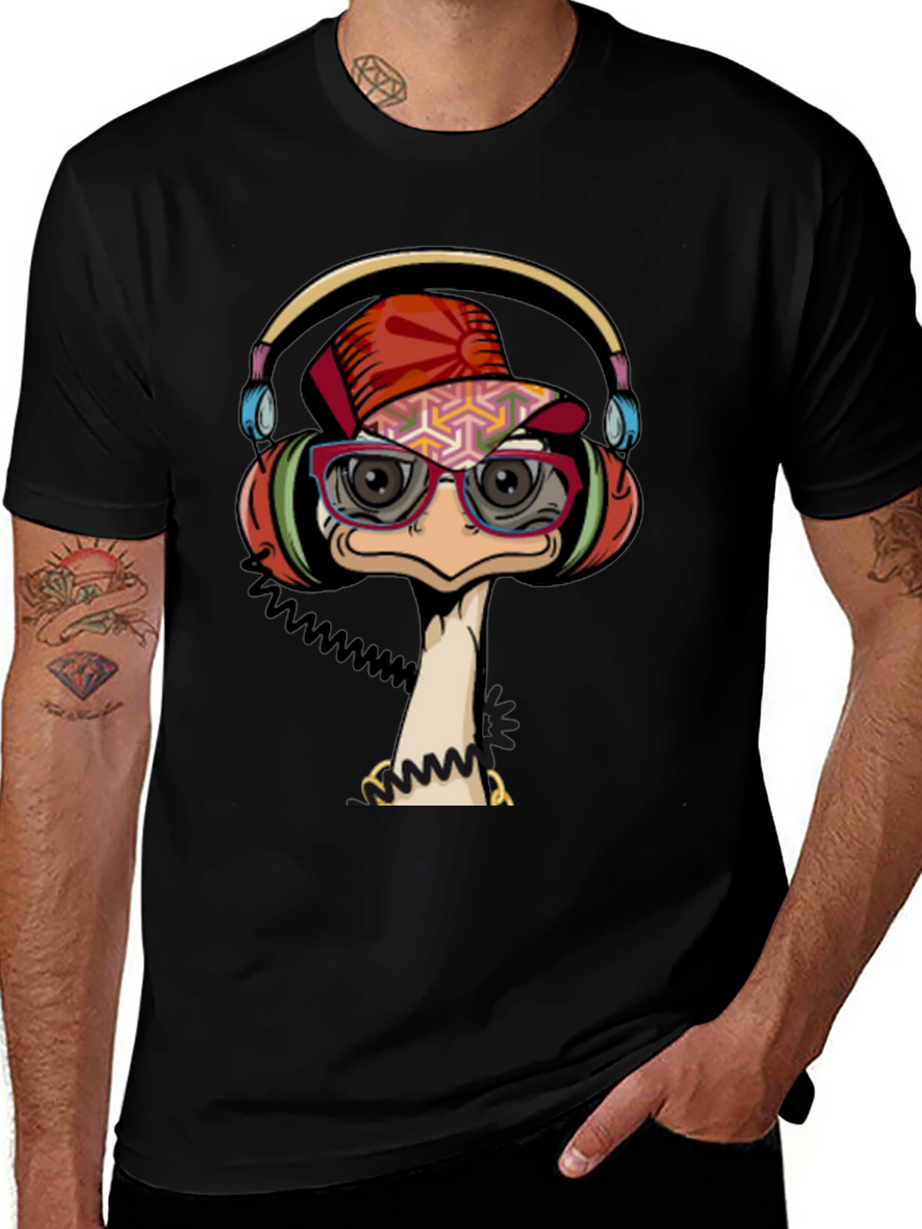Cool Ostrich DJ Graphic Tee - Black T-Shirt