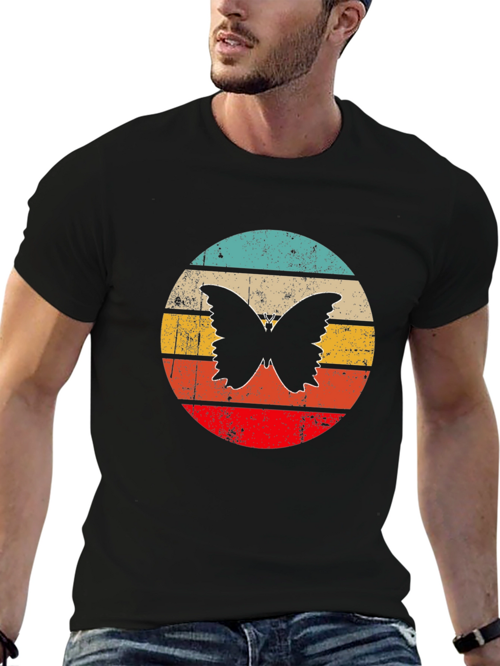 Retro Butterfly Graphic Black T-Shirt