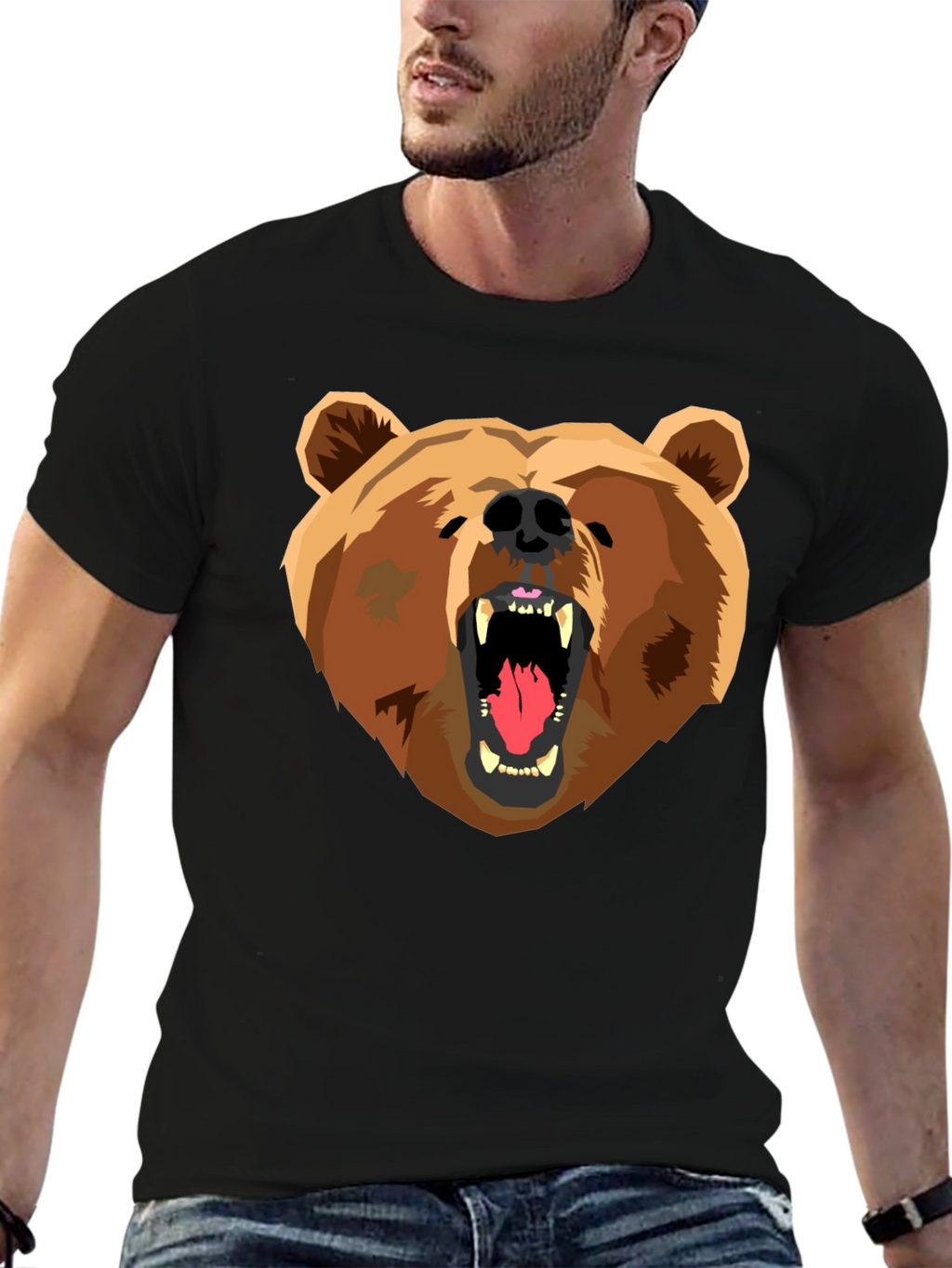 Bear Graphic Print Black T-Shirt