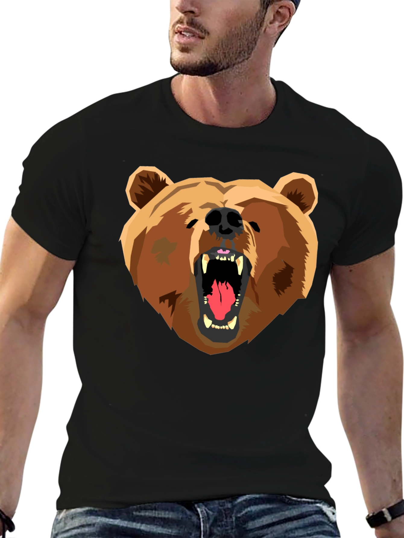Bear Graphic Print Black T-Shirt