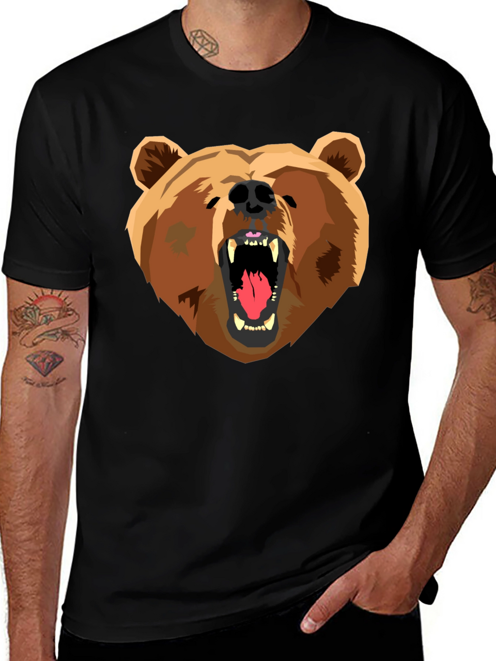 Bear Graphic Print Black T-Shirt