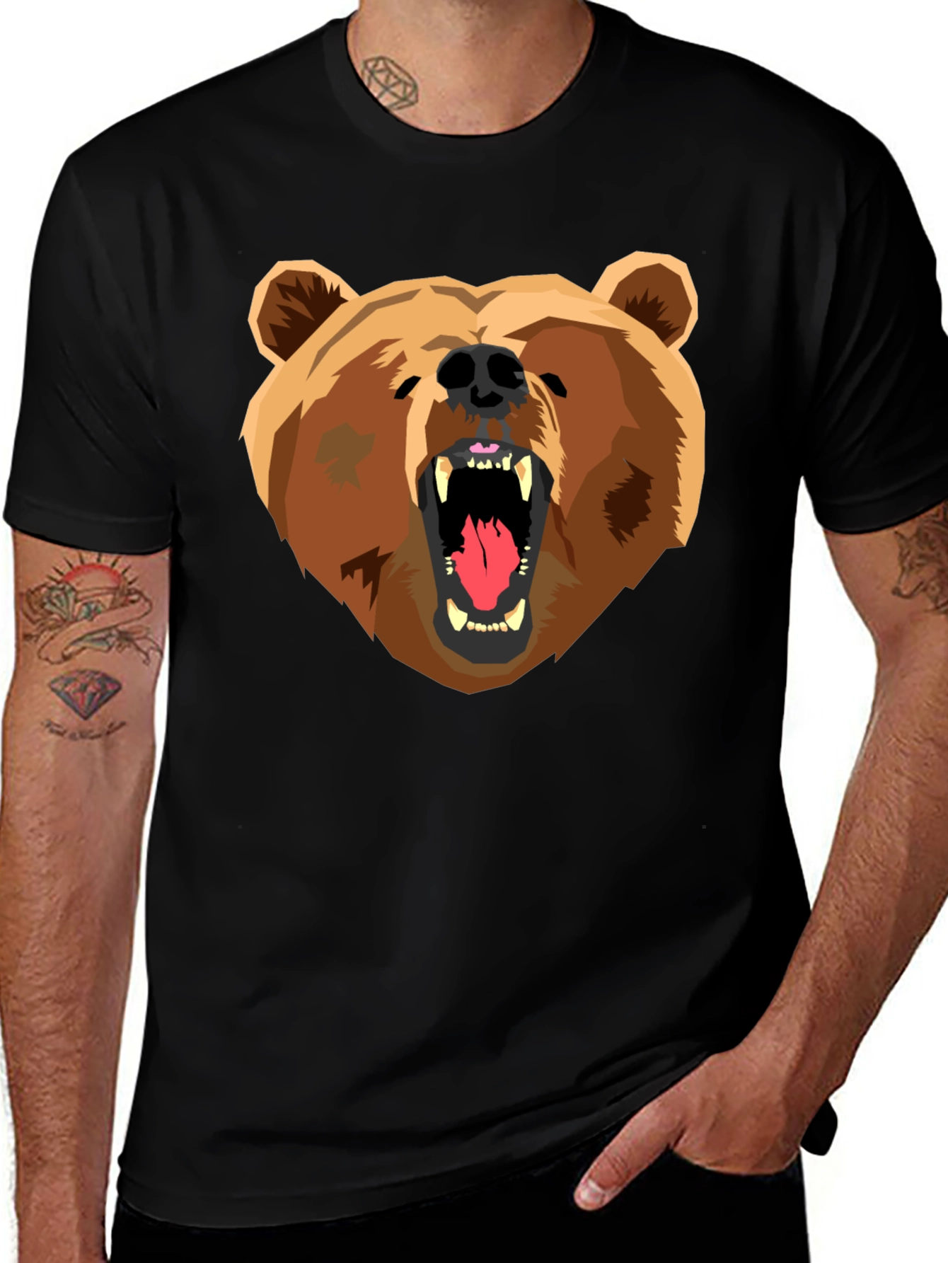 Bear Graphic Print Black T-Shirt