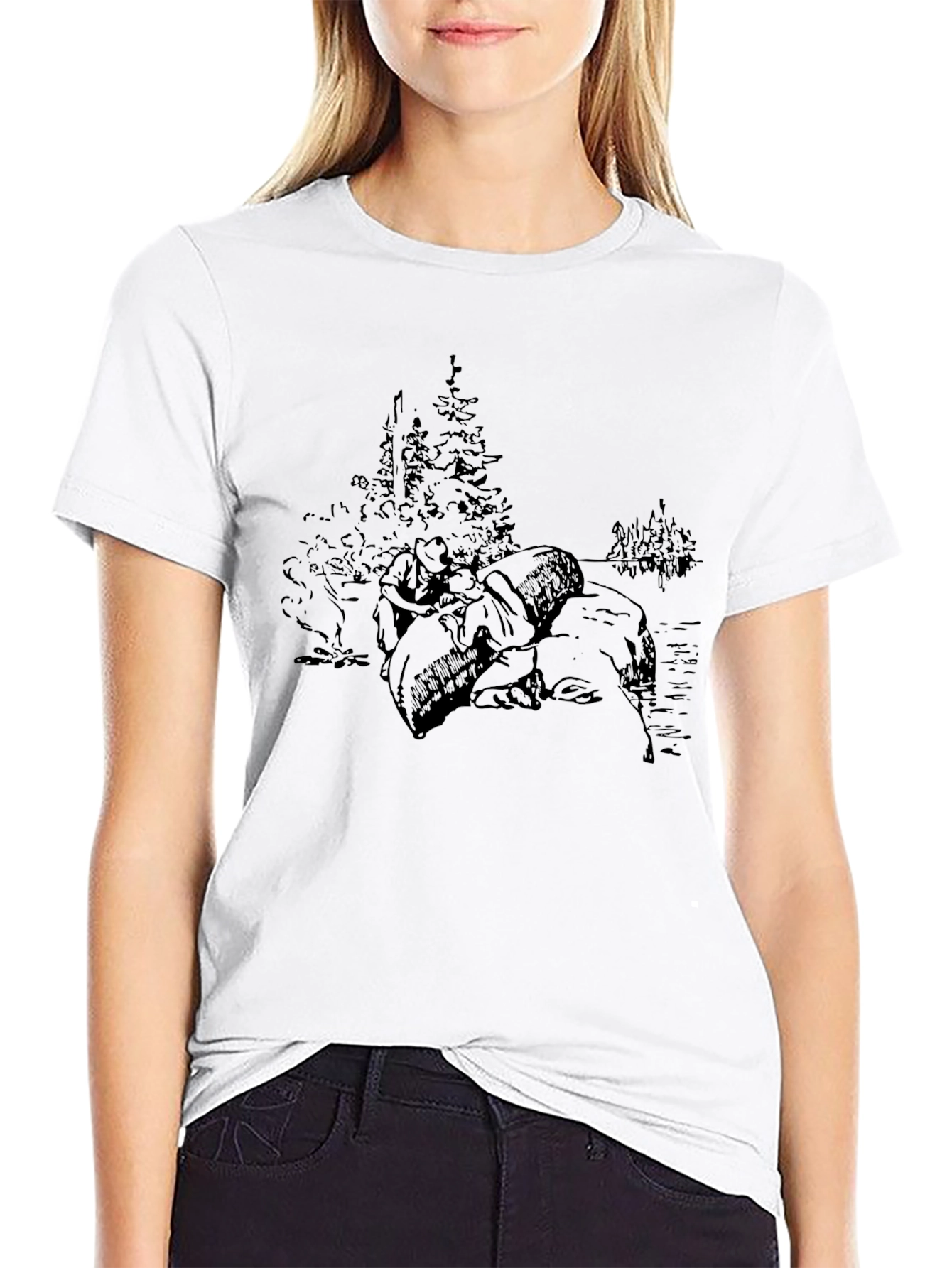 Black Graphic Print Tee - Camping Scene