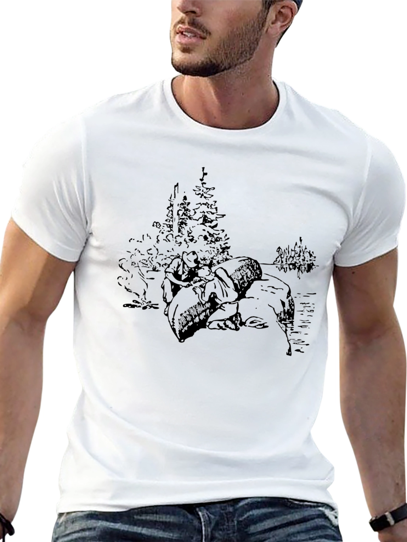 Black Graphic Print Tee - Camping Scene