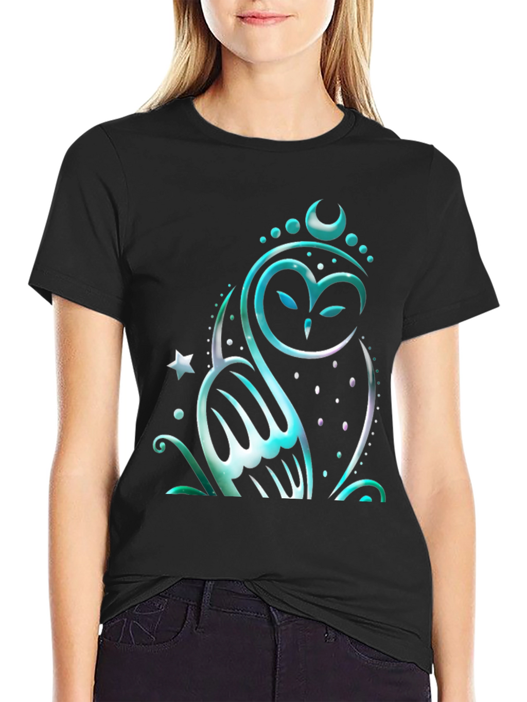 Mystical Owl Graphic Tee - Black Cotton Blend Shirt