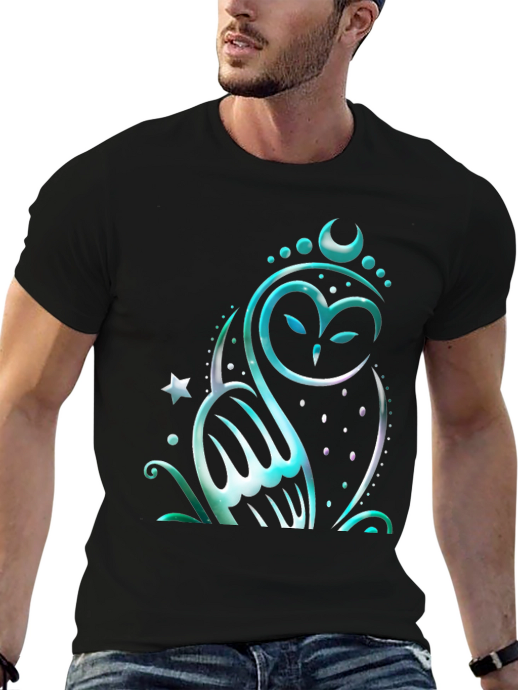 Mystical Owl Graphic Tee - Black Cotton Blend Shirt