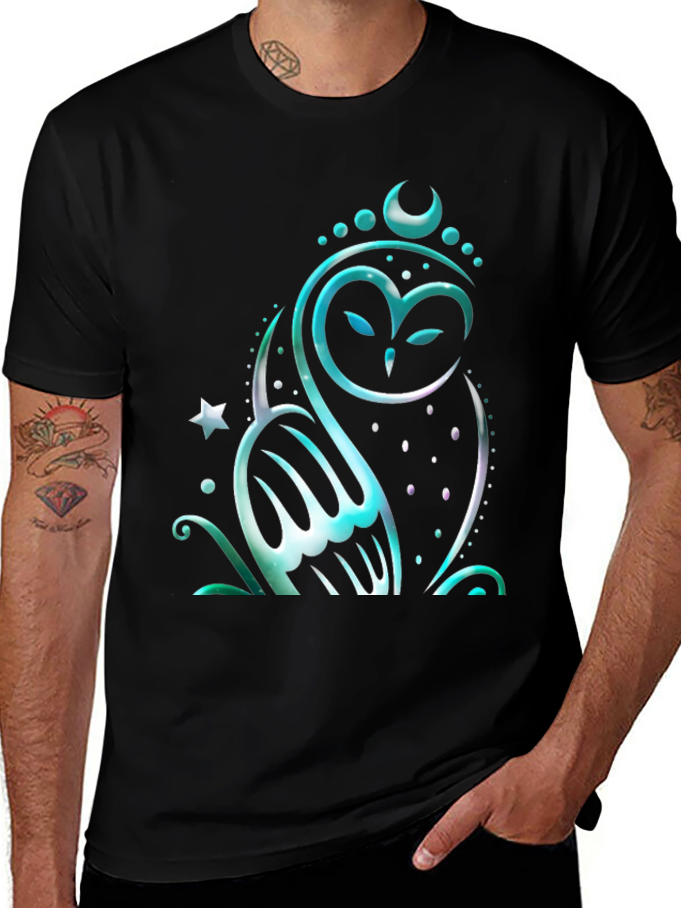 Mystical Owl Graphic Tee - Black Cotton Blend Shirt