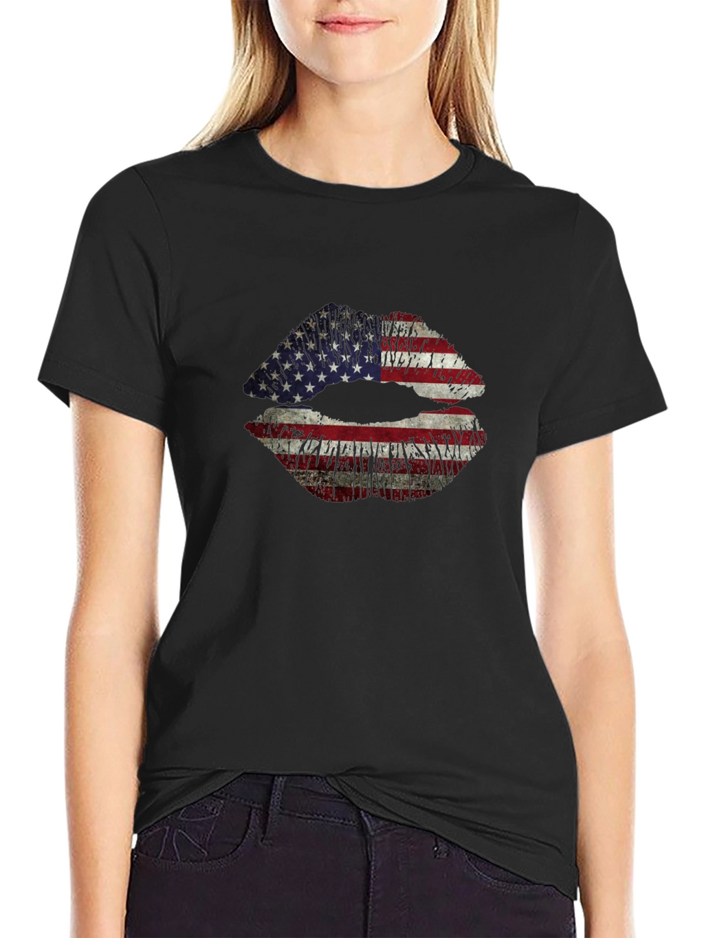 American Flag Lips Graphic T-Shirt - Black
