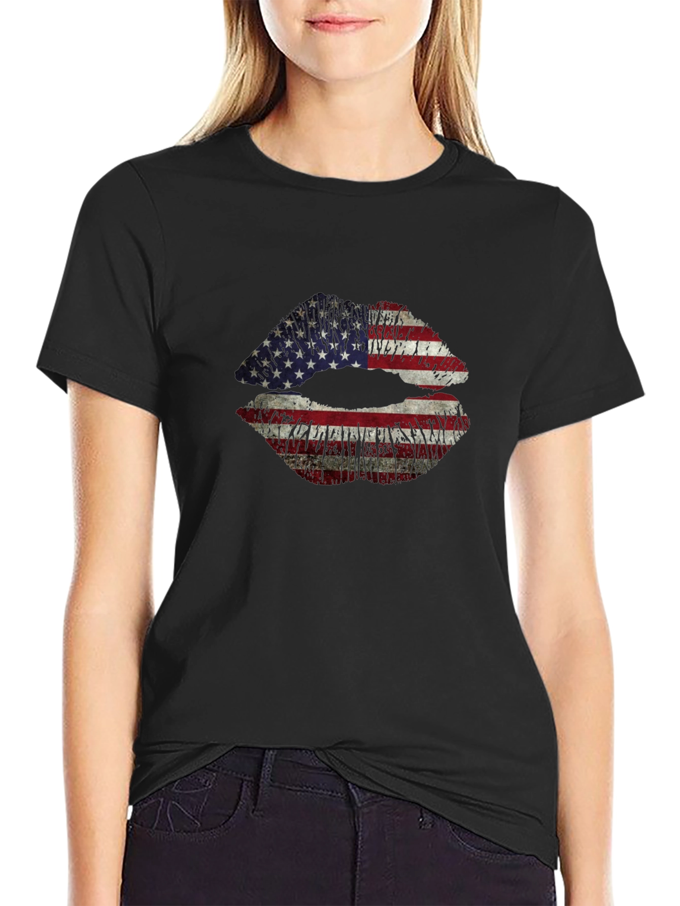 American Flag Lips Graphic T-Shirt - Black