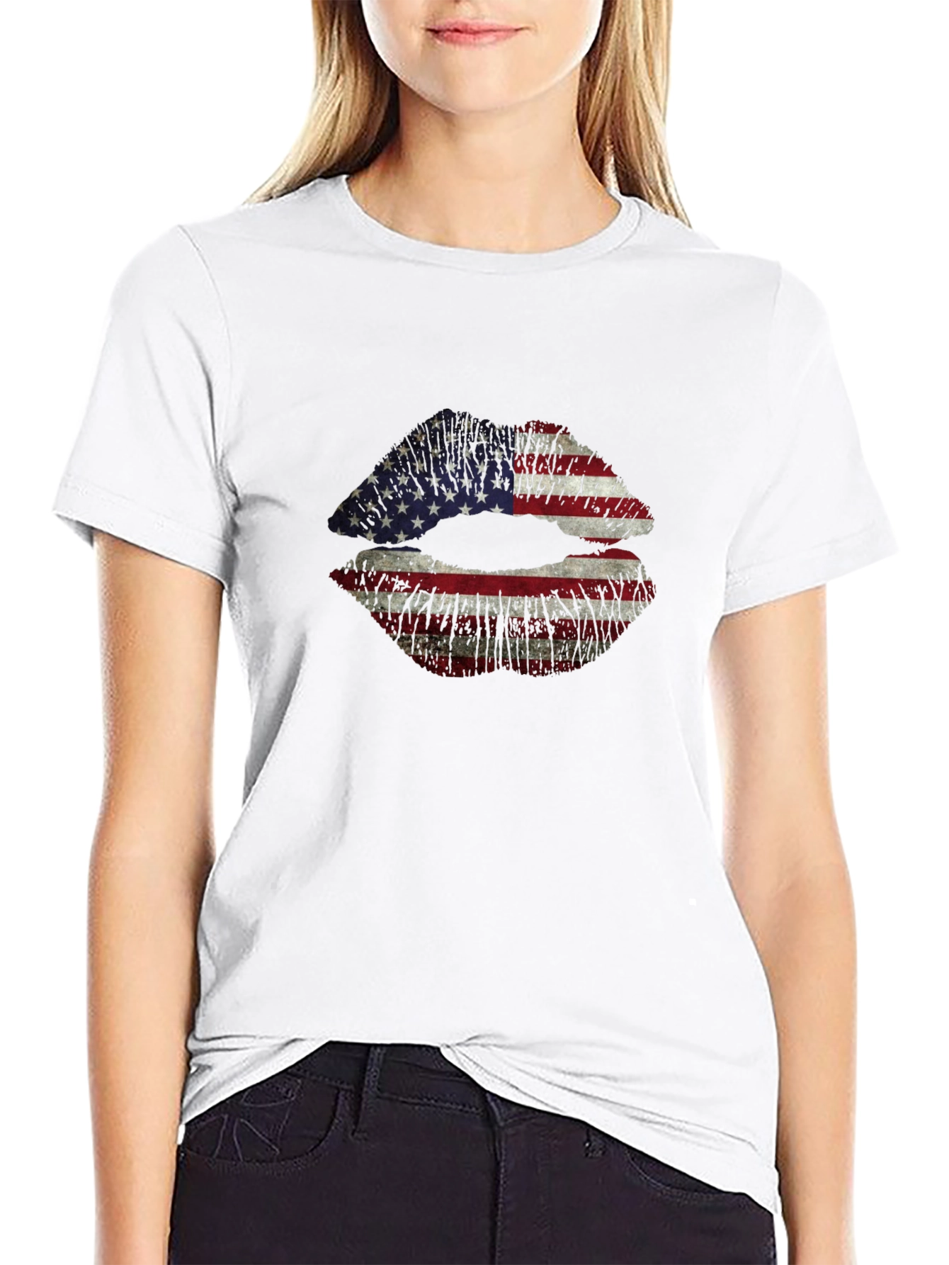 American Flag Lips Graphic T-Shirt - Black