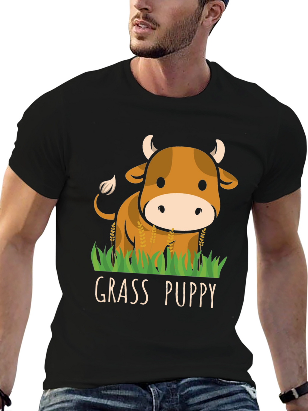 Grass Puppy Cute Cow Graphic T-Shirt