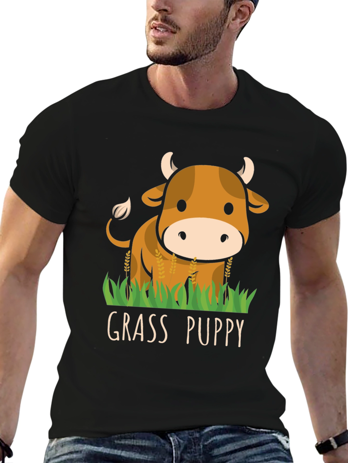 Grass Puppy Cute Cow Graphic T-Shirt