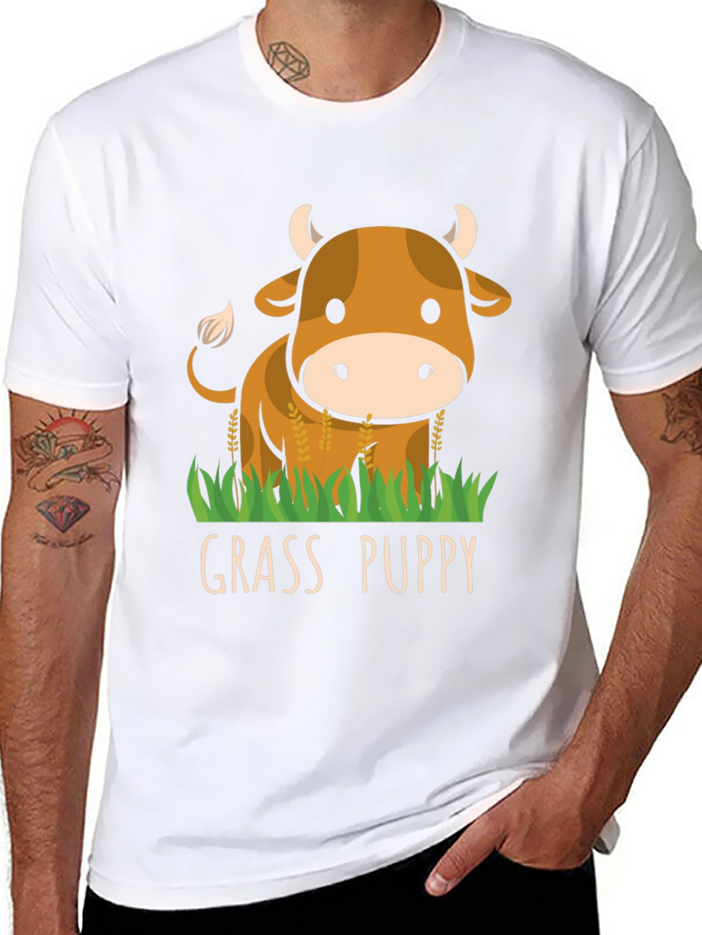 Grass Puppy Cute Cow Graphic T-Shirt
