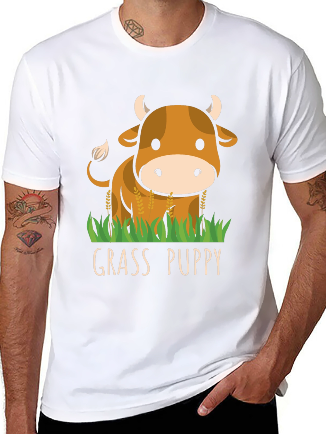 Grass Puppy Cute Cow Graphic T-Shirt
