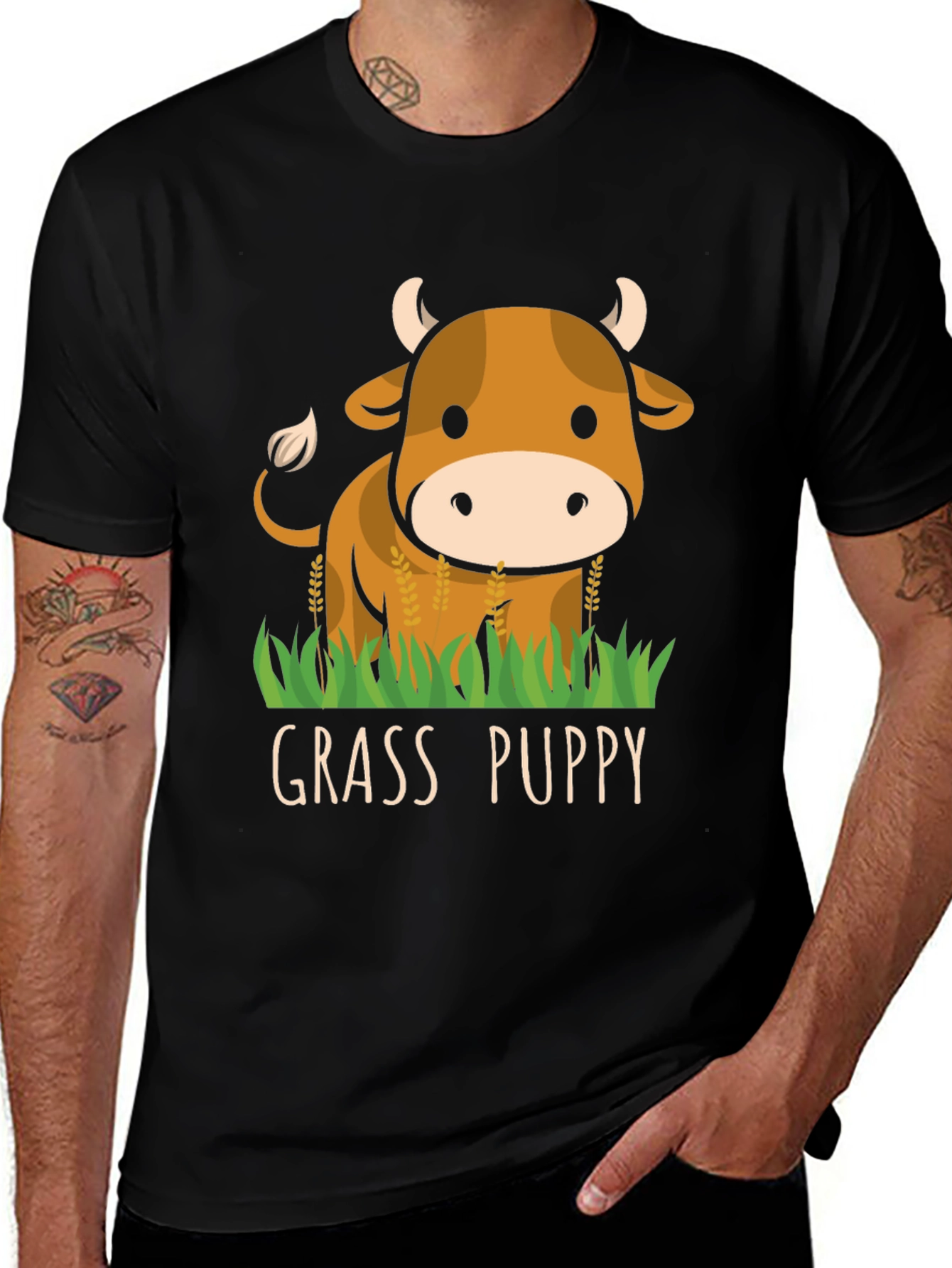 Grass Puppy Cute Cow Graphic T-Shirt