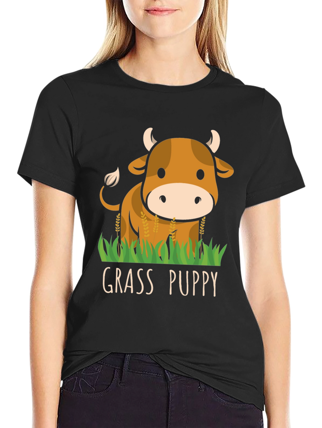 Grass Puppy Cute Cow Graphic T-Shirt