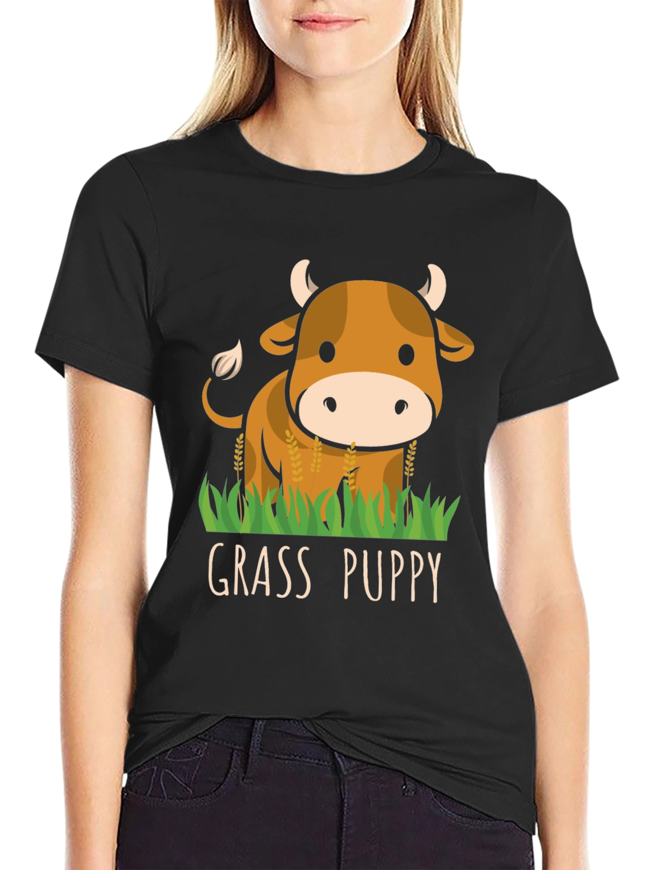 Grass Puppy Cute Cow Graphic T-Shirt