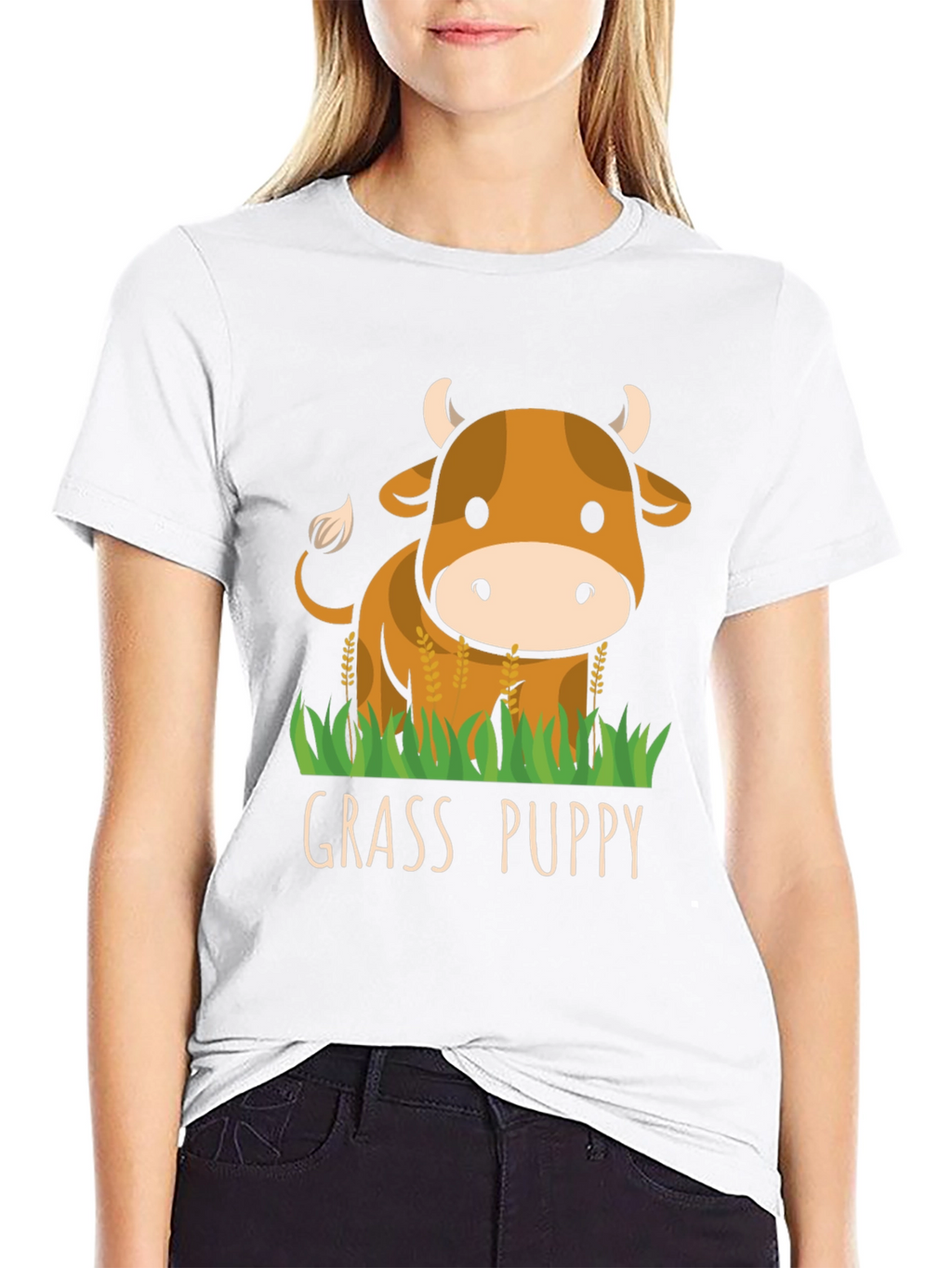 Grass Puppy Cute Cow Graphic T-Shirt