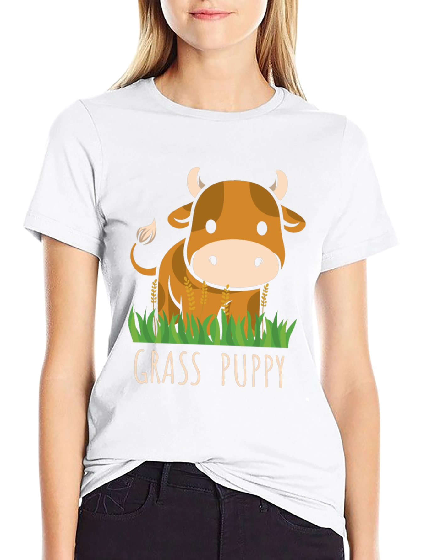 Grass Puppy Cute Cow Graphic T-Shirt