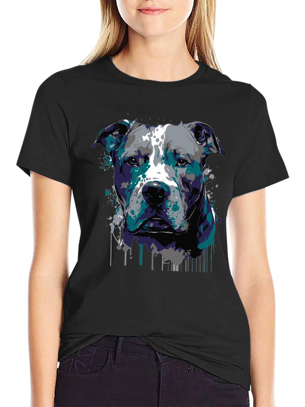 Pitbull Dog Art Graphic Print Black T-Shirt