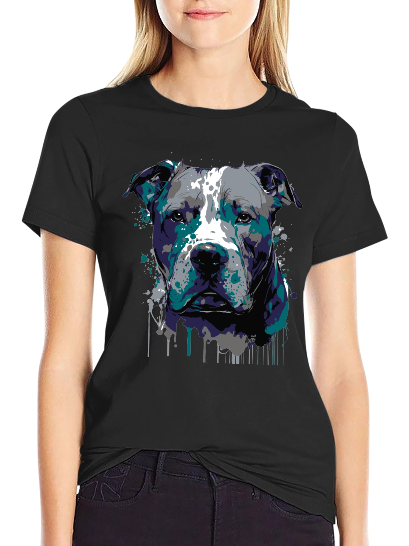 Pitbull Dog Art Graphic Print Black T-Shirt