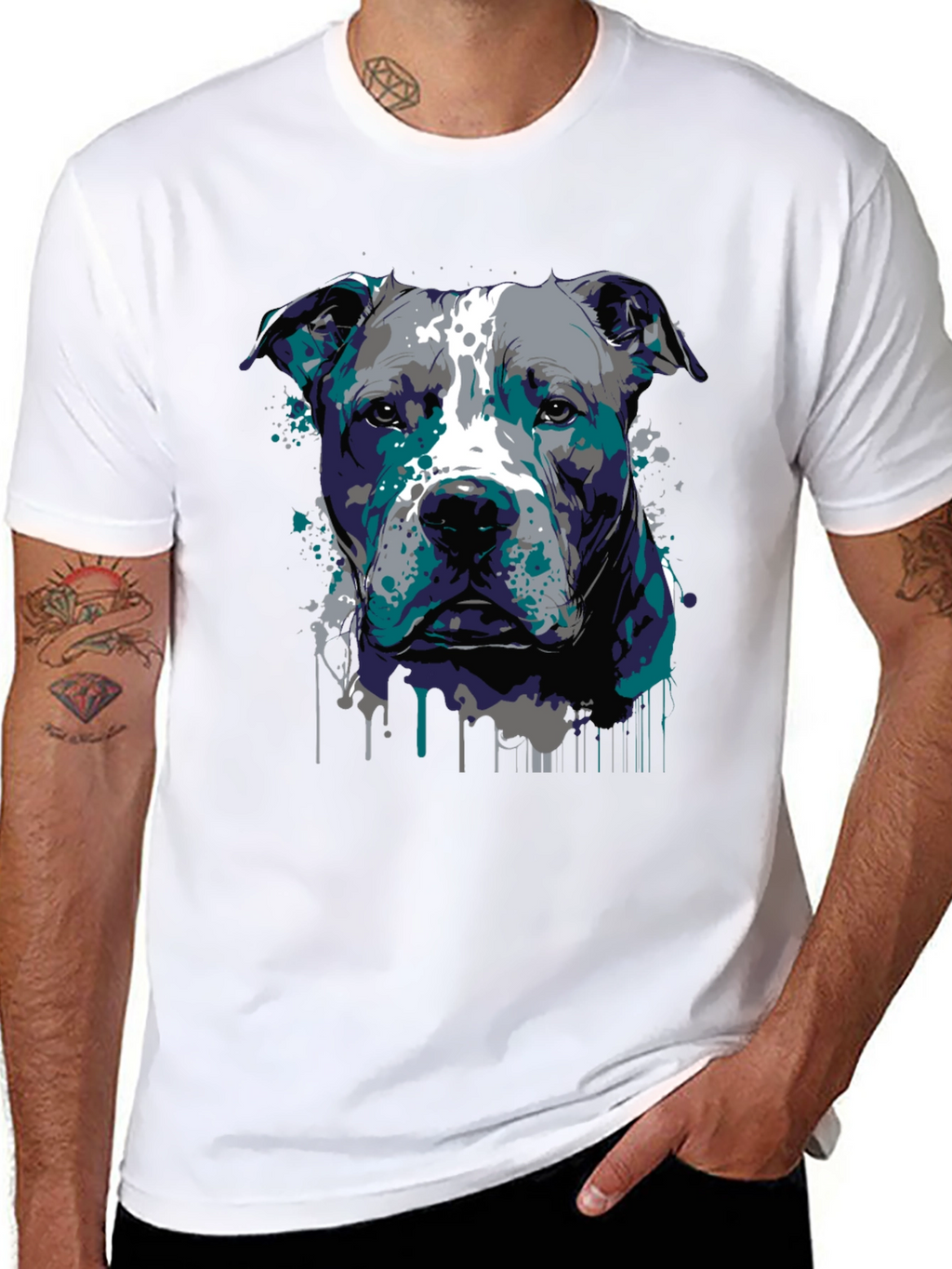 Pitbull Dog Art Graphic Print Black T-Shirt