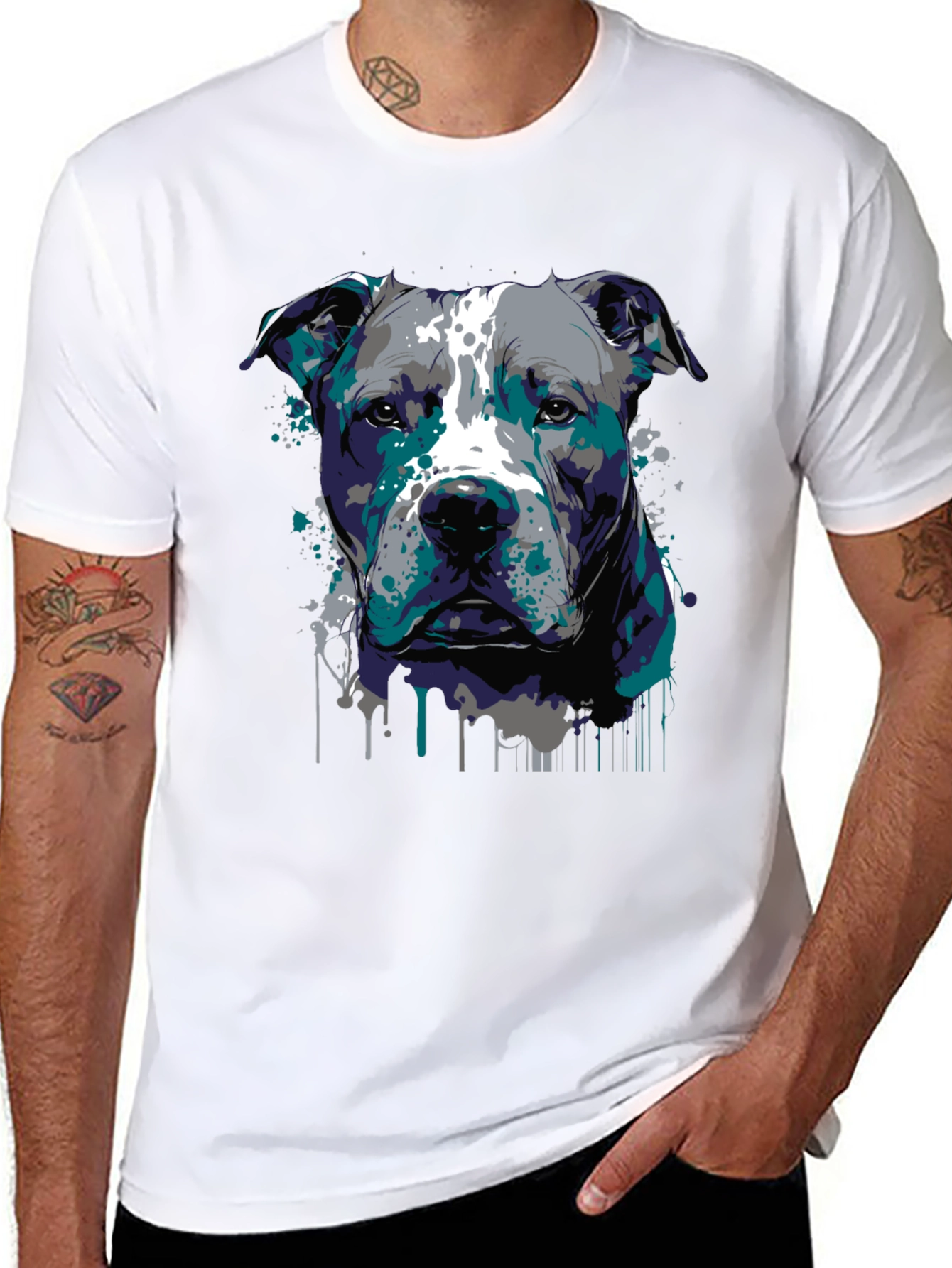 Pitbull Dog Art Graphic Print Black T-Shirt