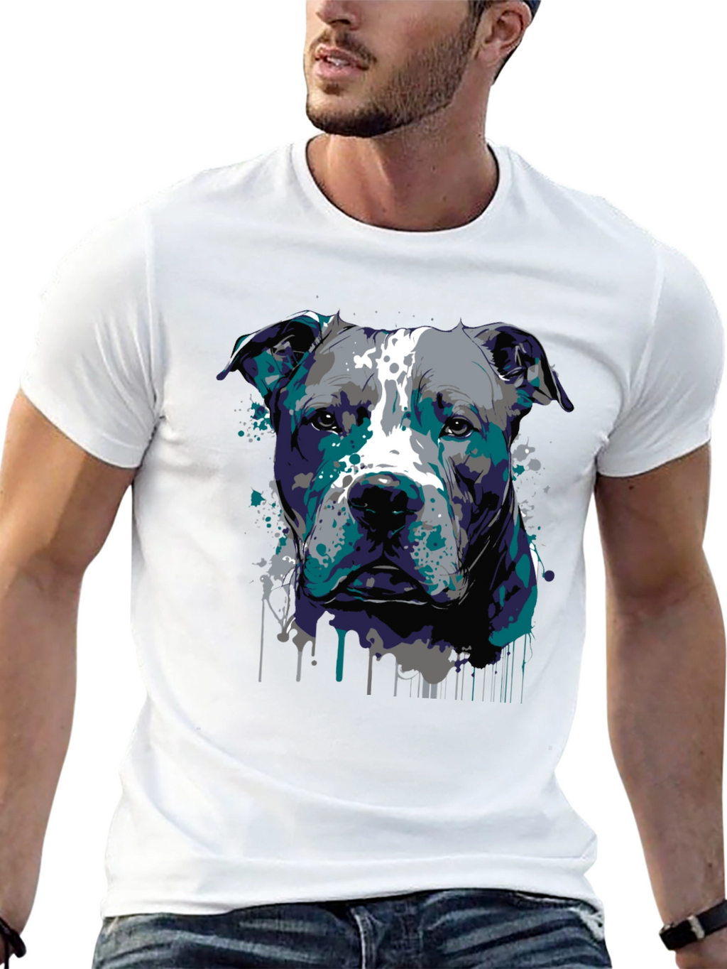 Pitbull Dog Art Graphic Print Black T-Shirt