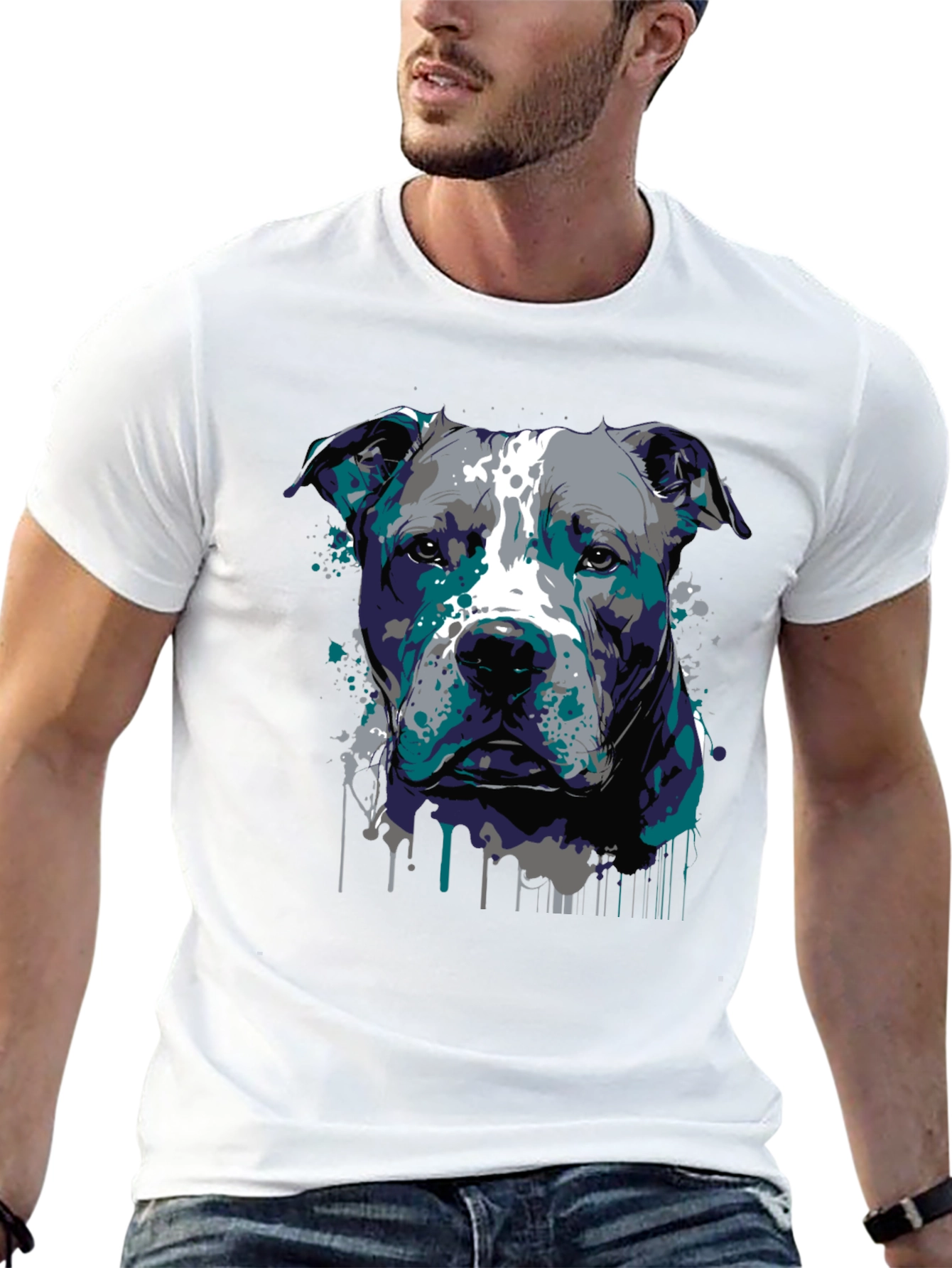 Pitbull Dog Art Graphic Print Black T-Shirt