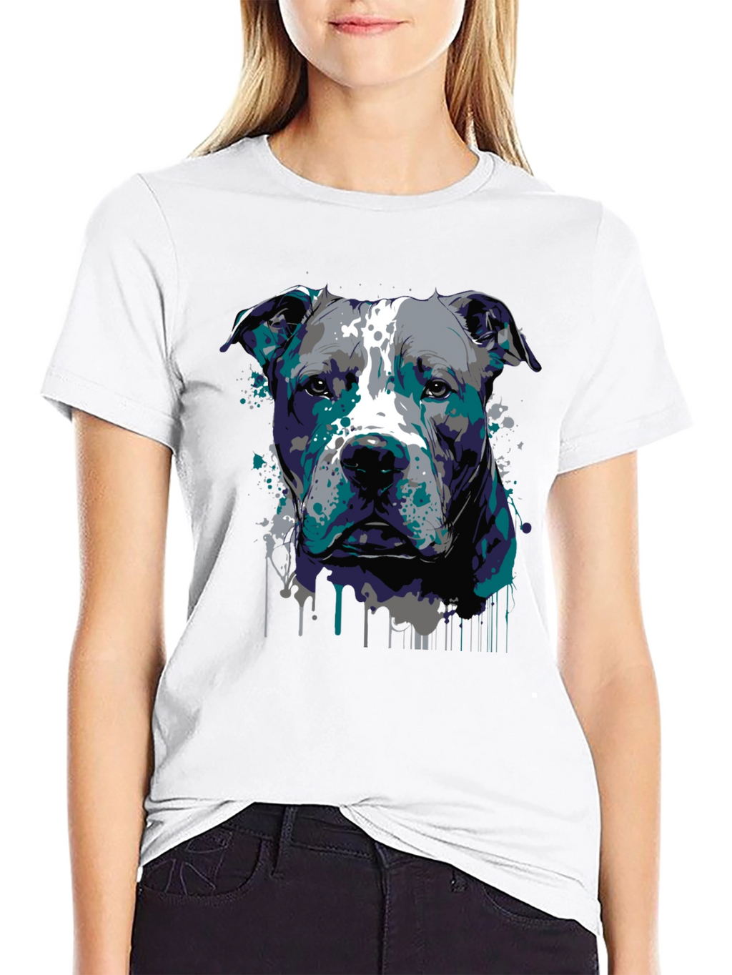 Pitbull Dog Art Graphic Print Black T-Shirt