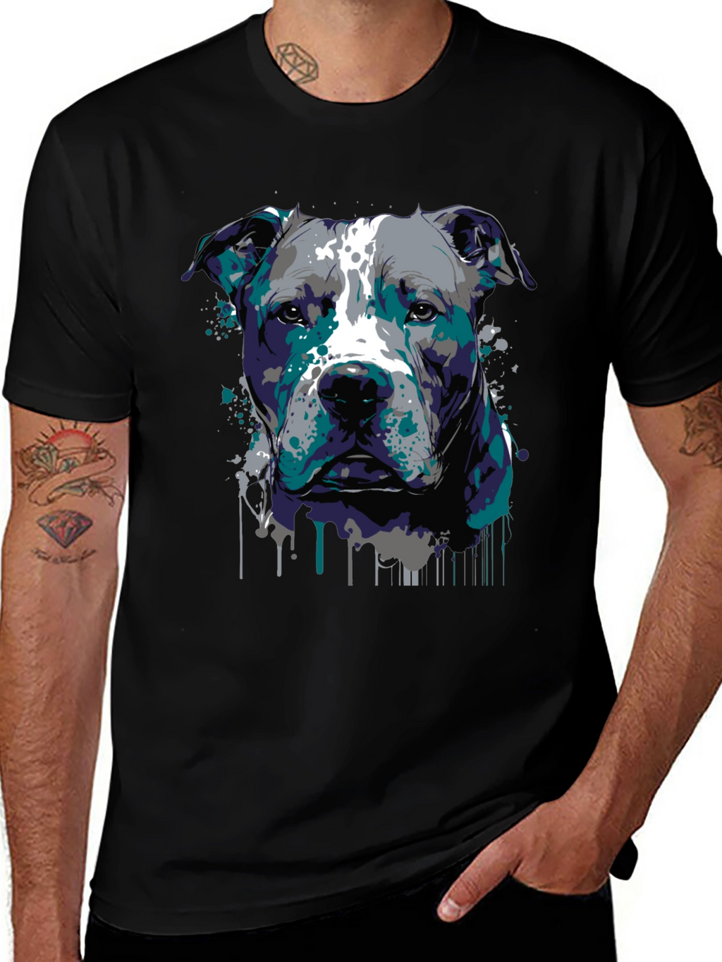 Pitbull Dog Art Graphic Print Black T-Shirt