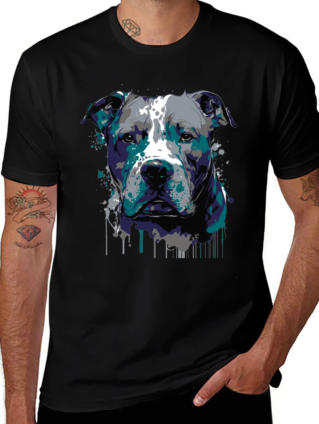Pitbull Dog Art Graphic Print Black T-Shirt