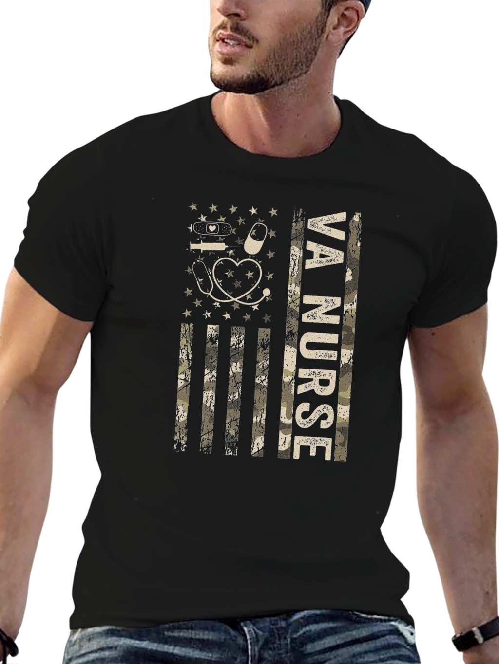 VA Nurse Camo American Flag T-Shirt