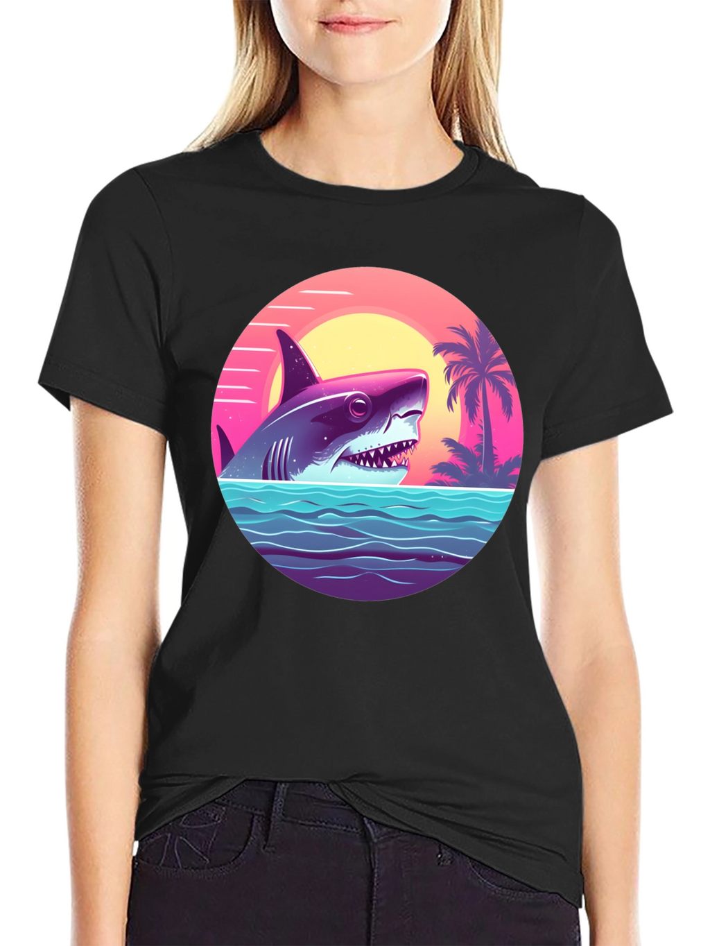 Shark Sunset Graphic Tee - Retro Summer Vibes T-Shirt
