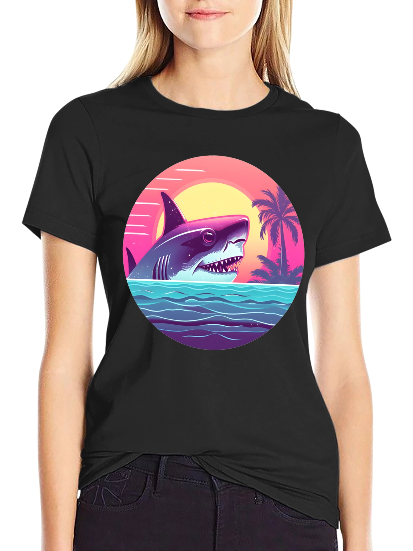 Shark Sunset Graphic Tee - Retro Summer Vibes T-Shirt