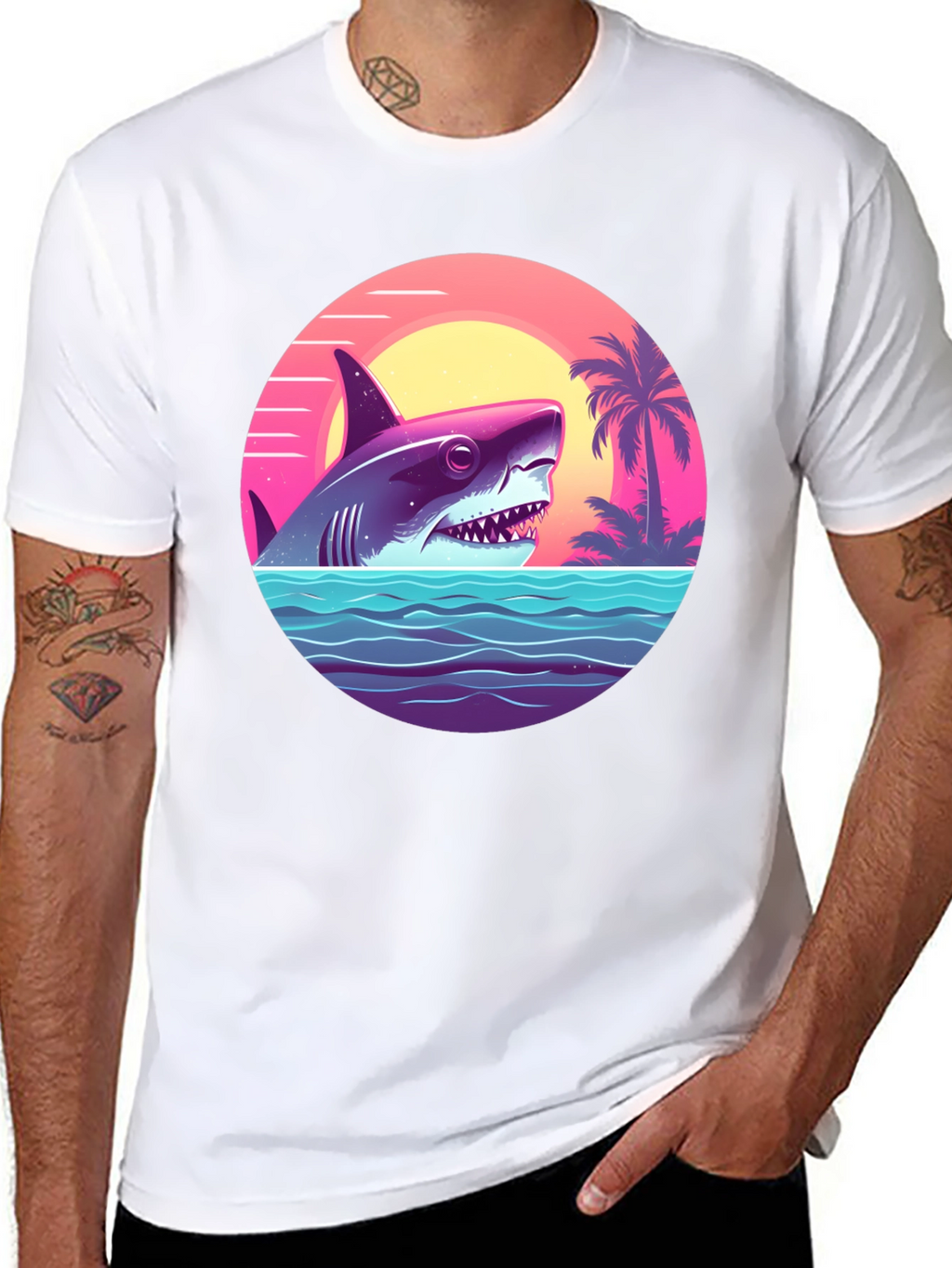 Shark Sunset Graphic Tee - Retro Summer Vibes T-Shirt