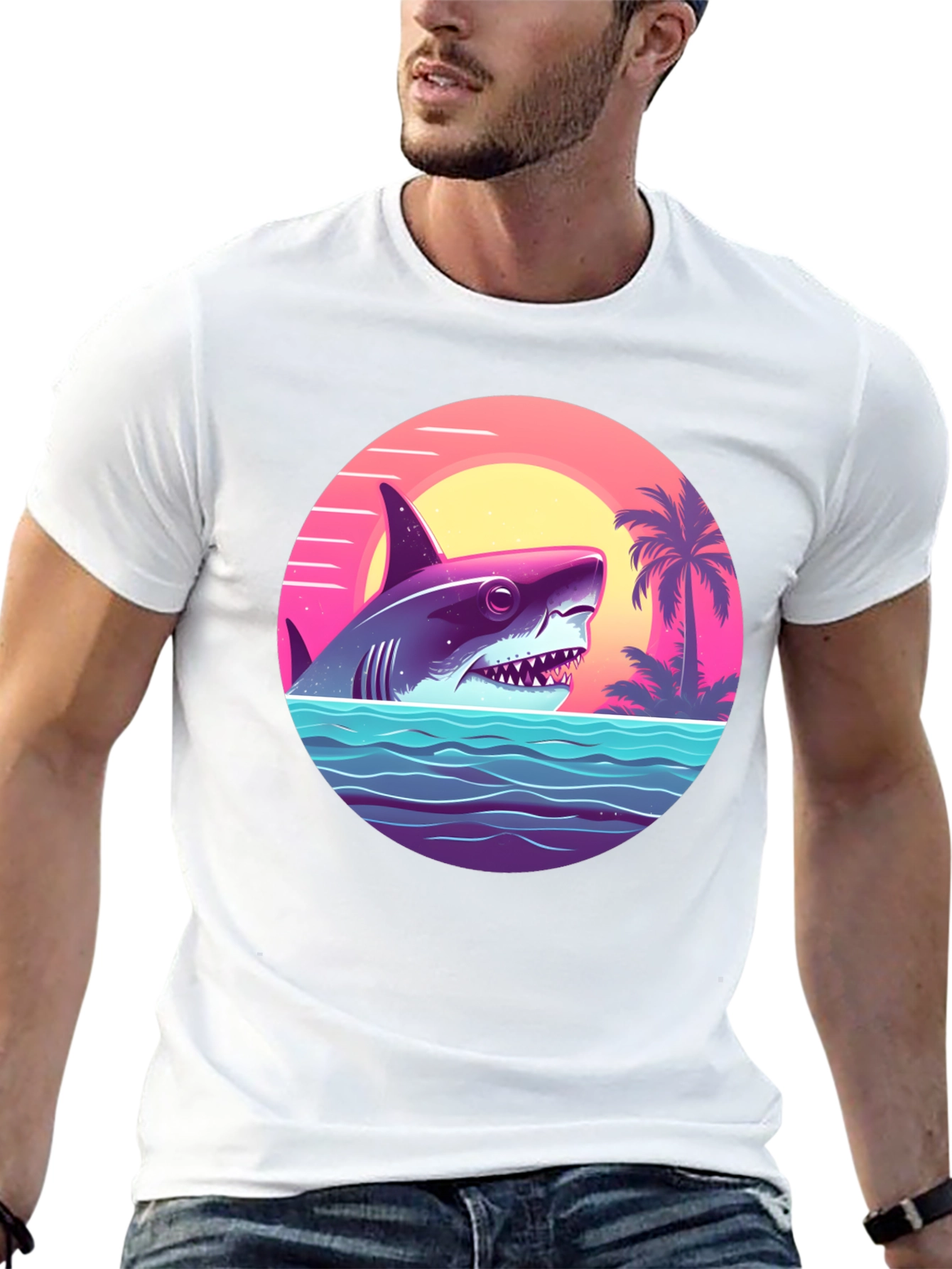 Shark Sunset Graphic Tee - Retro Summer Vibes T-Shirt