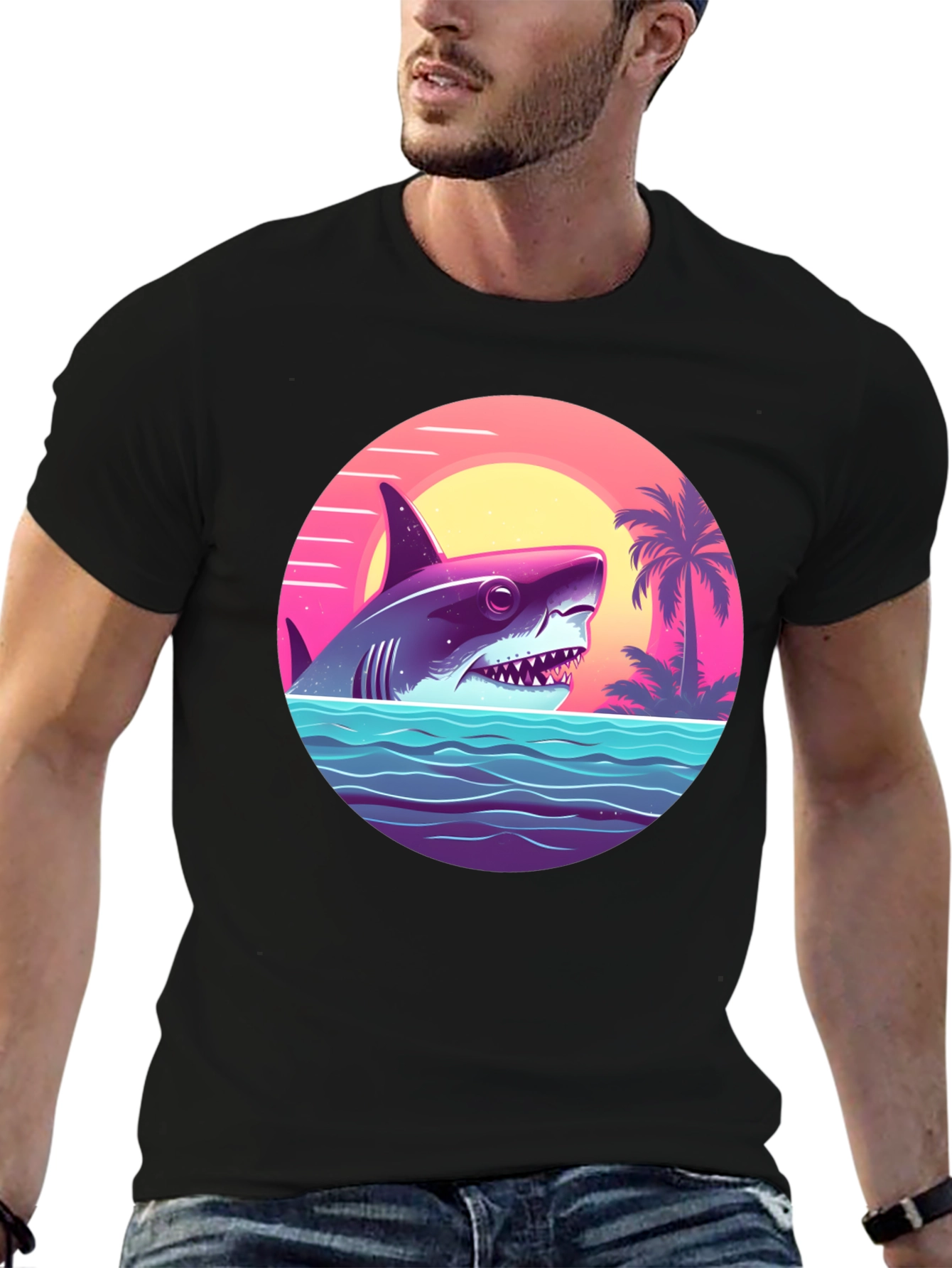 Shark Sunset Graphic Tee - Retro Summer Vibes T-Shirt