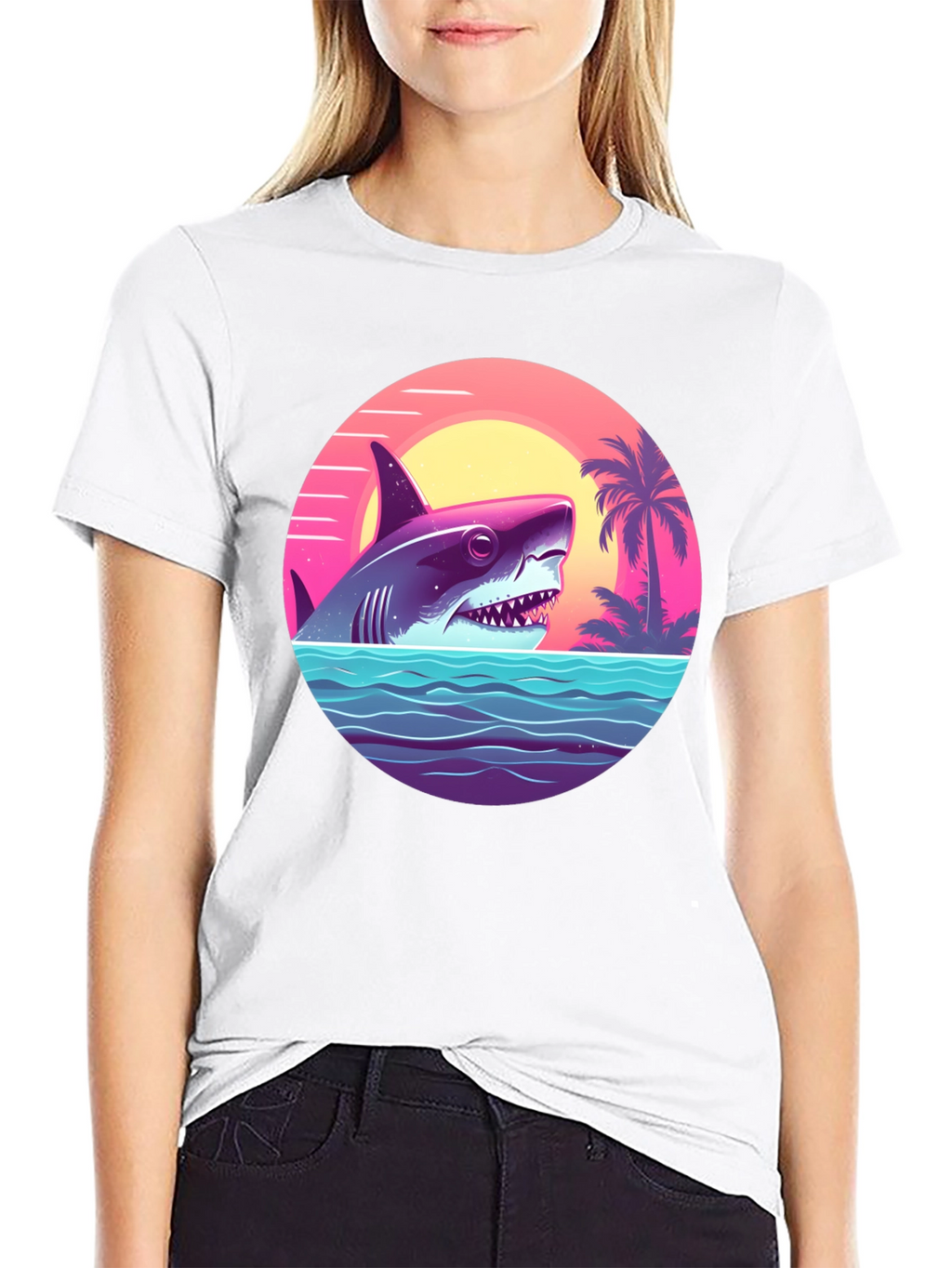 Shark Sunset Graphic Tee - Retro Summer Vibes T-Shirt