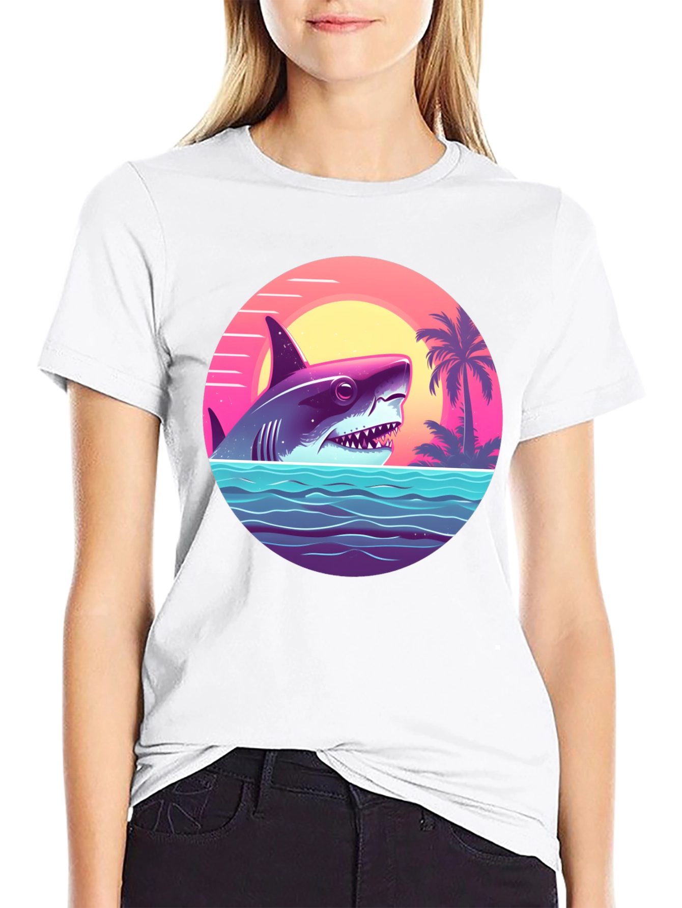 Shark Sunset Graphic Tee - Retro Summer Vibes T-Shirt