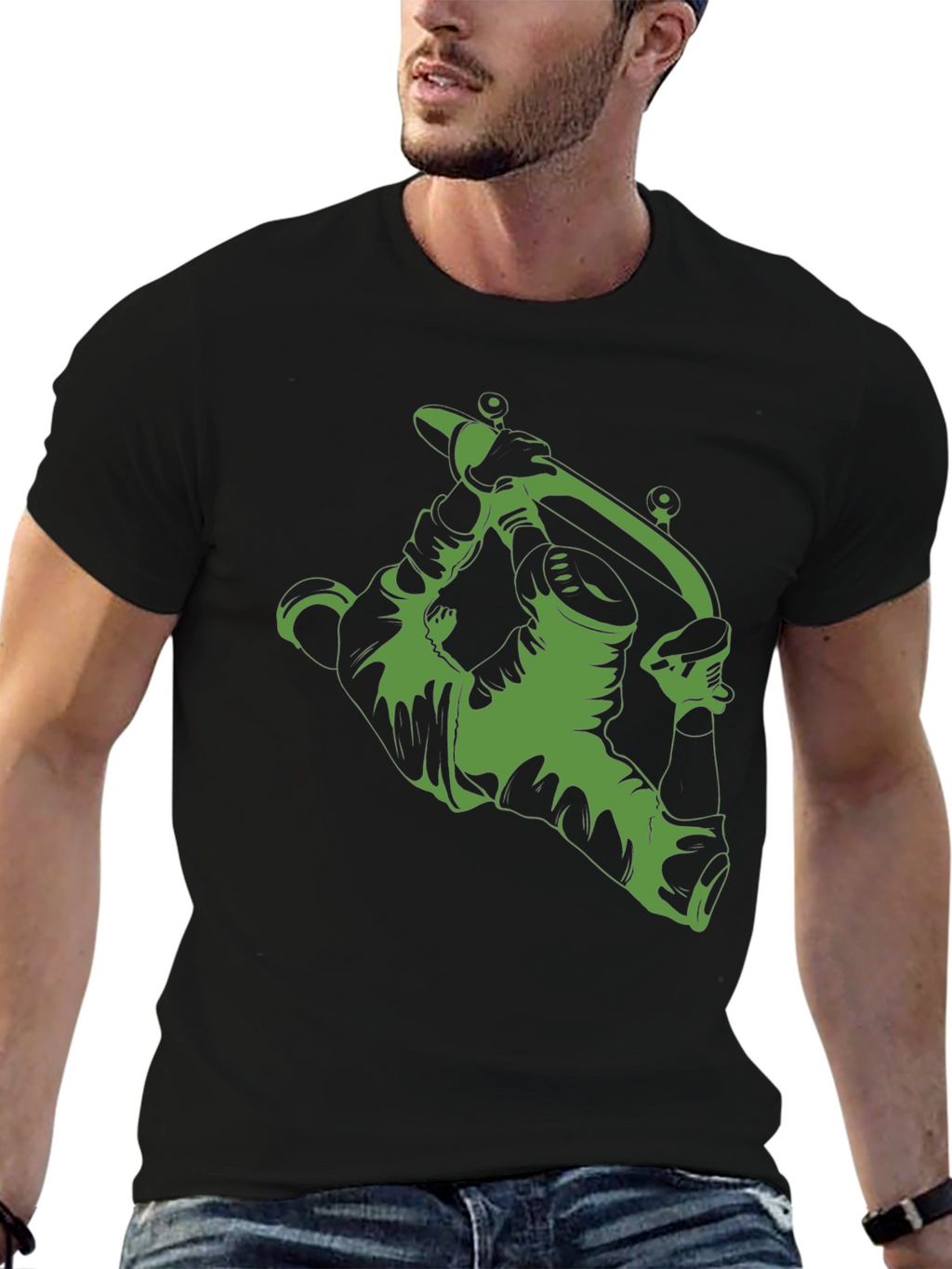 Green Tattoo Gun Graphic Black T-Shirt