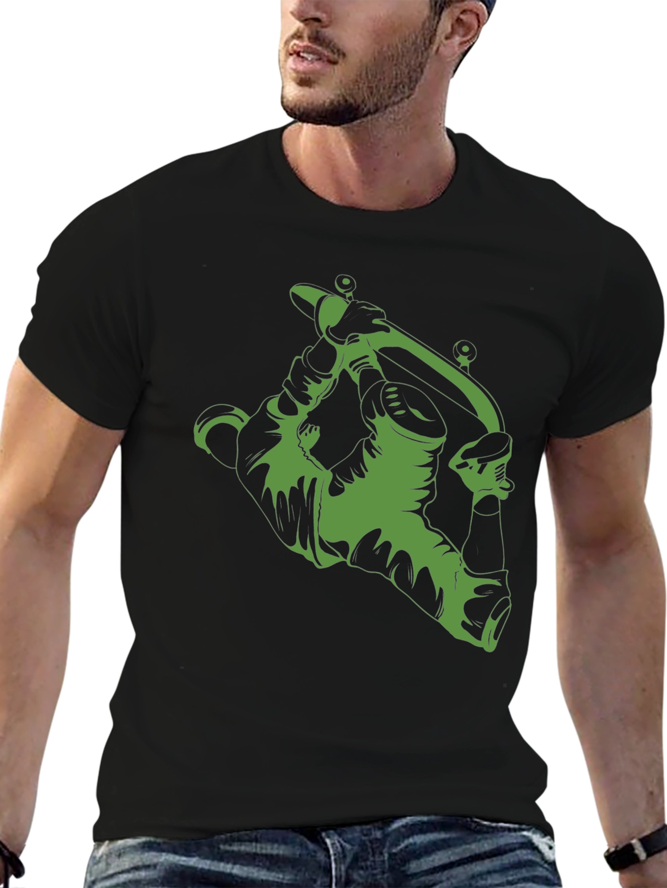 Green Tattoo Gun Graphic Black T-Shirt