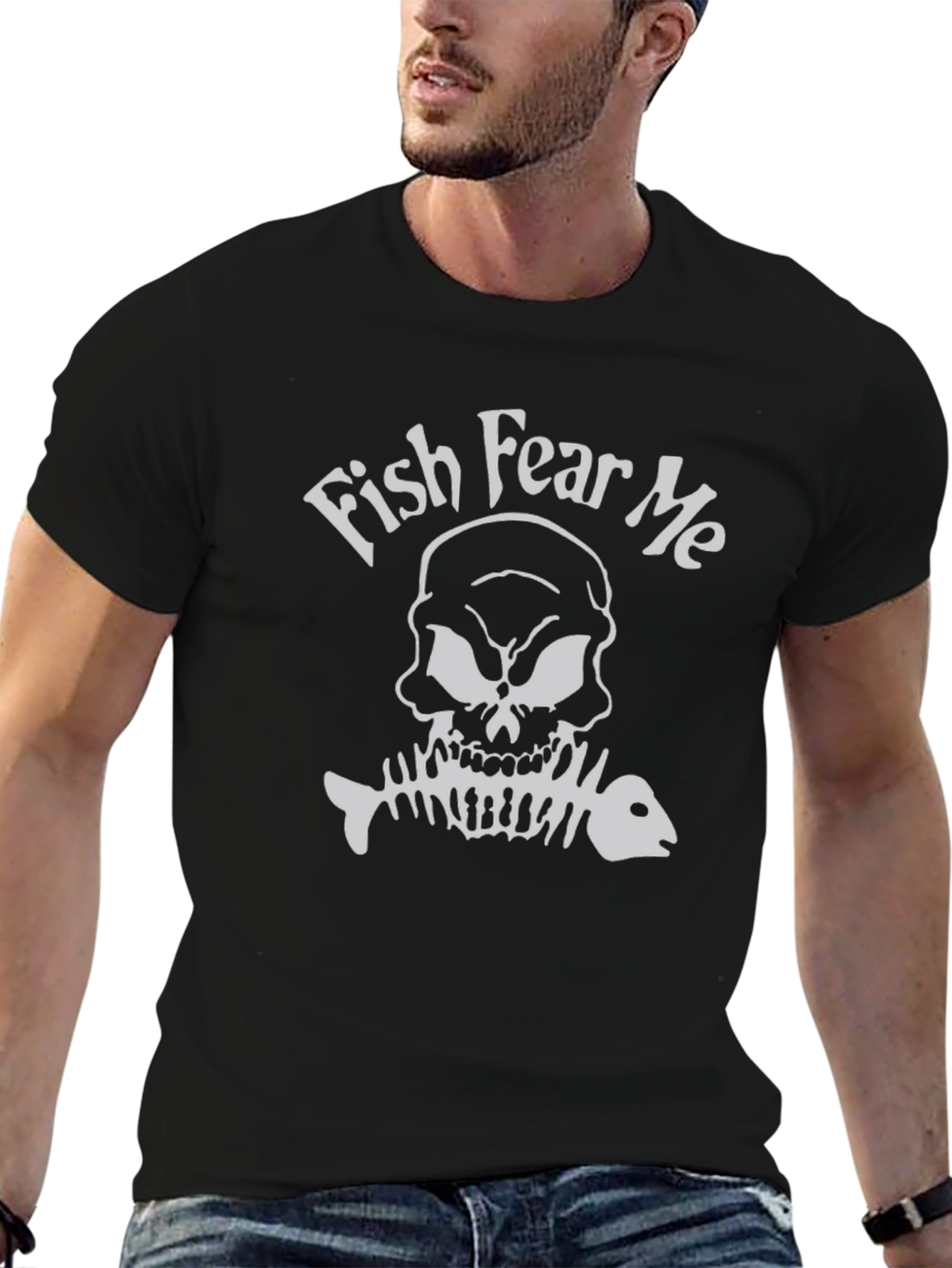 Fish Fear Me Skull Graphic Tee - Black Cotton T-Shirt