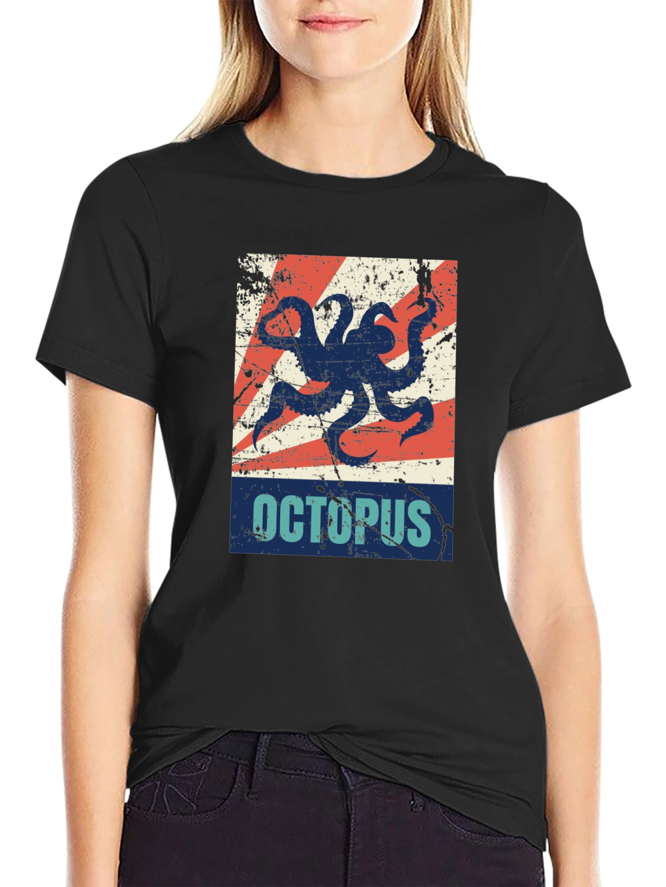 Distressed Octopus Graphic T-Shirt - Mens Black Tee