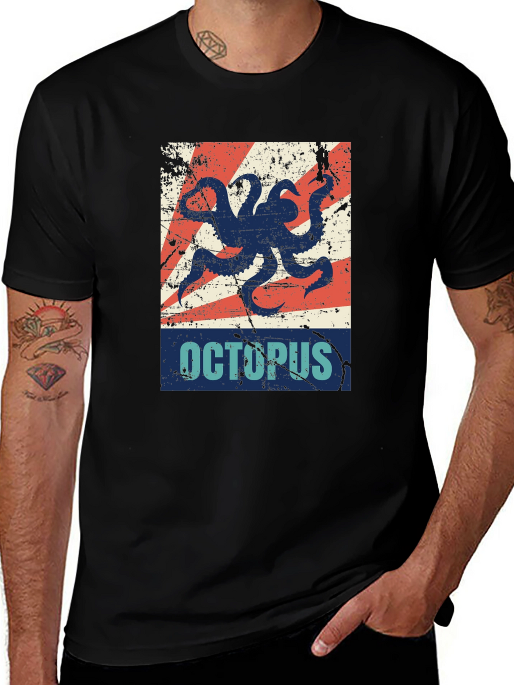 Distressed Octopus Graphic T-Shirt - Mens Black Tee